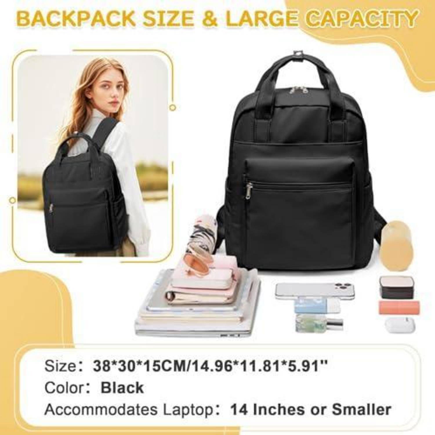 Schwarzer Rucksack mit großem Fassungsvermögen, gezeigt an einem Modell und mit gepackten Gegenständen; mit Größenangabe 38 x 30 x 15 cm gekennzeichnet und passt für Laptops bis zu 14 Zoll.