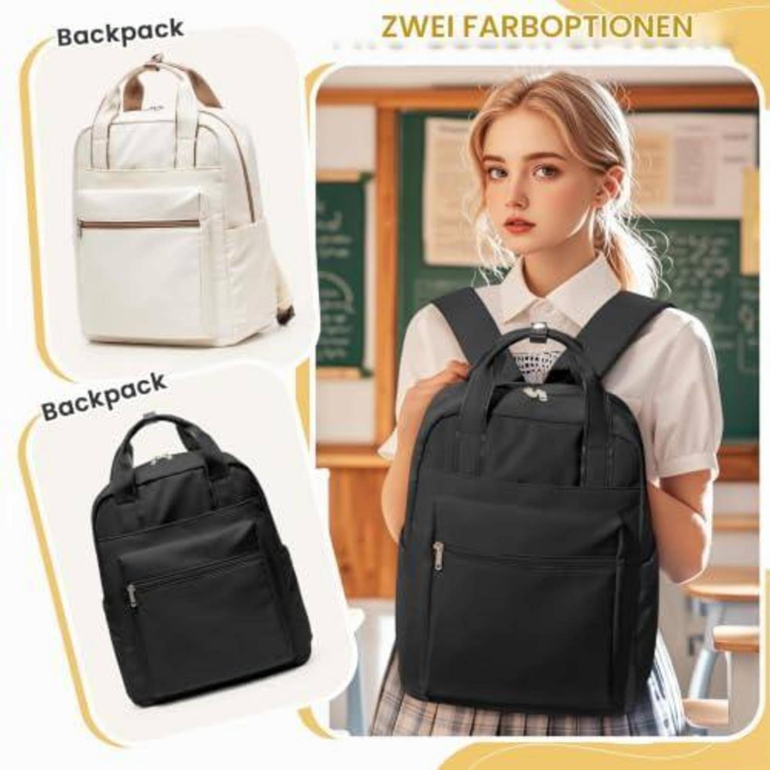 Werbebild, das einen Rucksack in zwei Farben zeigt – weiß und schwarz – mit einem studentischen Modell, das die schwarze Version in einem Klassenzimmer trägt.