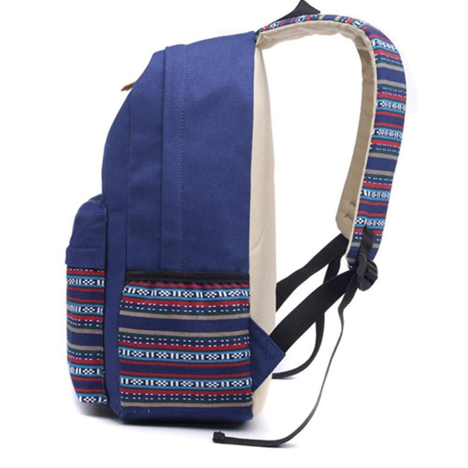 Blauer Rucksack mit gemustertem Streifenmuster, von der Seite gezeigt mit gepolsterten Riemen und einer Fronttasche mit Reißverschluss.