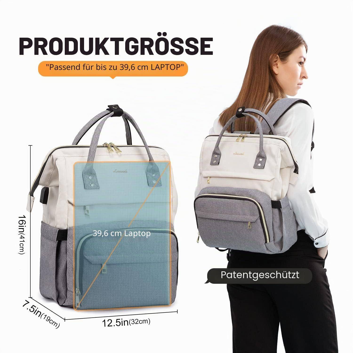 Rucksackgrößenleitfaden mit einem grauen Rucksack, der einen 39,6-cm-Laptop aufnimmt; die Abmessungen betragen 16,1 x 7,5 x 12,5 Zoll, mit einer Frau, die ihn trägt.