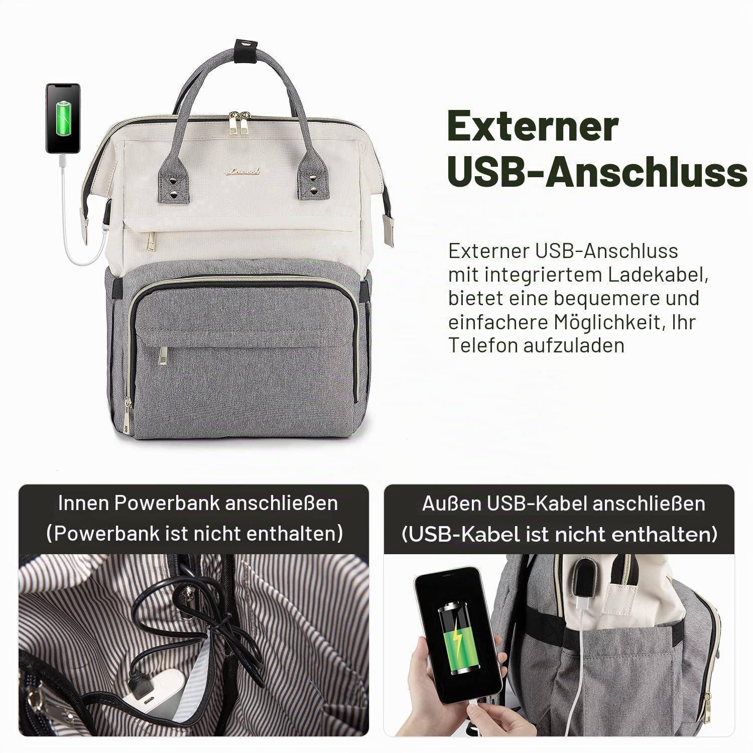 Werbegrafik eines Rucksacks mit integriertem externem USB-Ladeanschluss, der eine Powerbank im Inneren und ein extern ladendes Telefon zeigt.