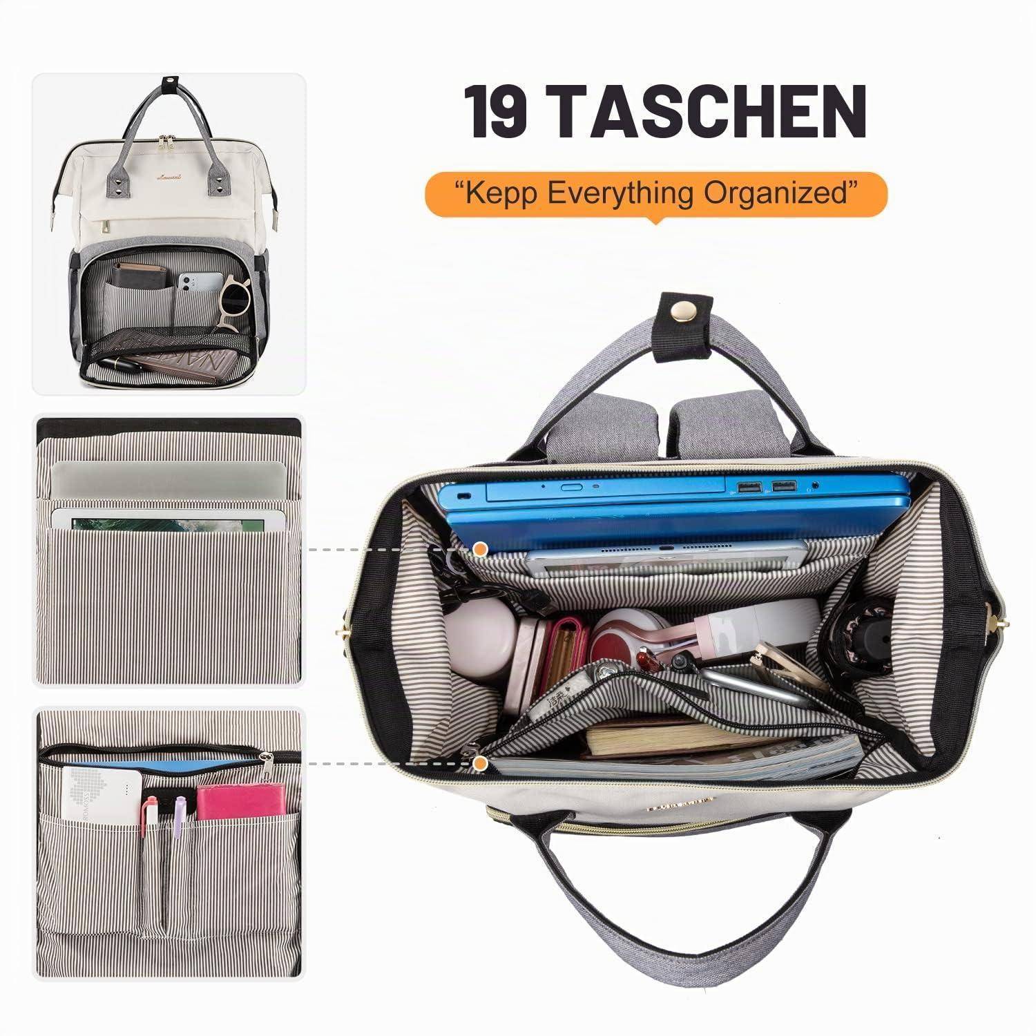 Werbebild einer Reisetasche mit 19 Taschen, in organisierter Form dargestellt mit Laptop, Telefon und Zubehör; der Text lautet '19 TASCHEN' und 'Alles organisiert halten