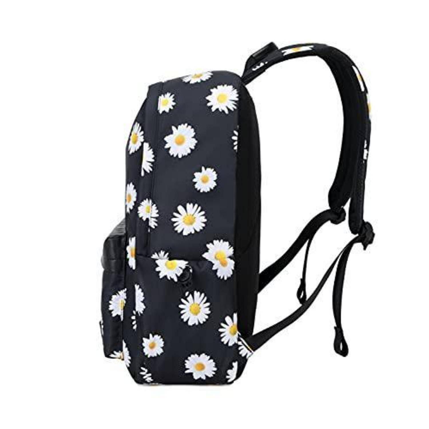 Schwarzer Rucksack mit weißem Gänseblümchen-Druck, in der Seitenansicht gezeigt mit Schultergurten und Seitentasche.