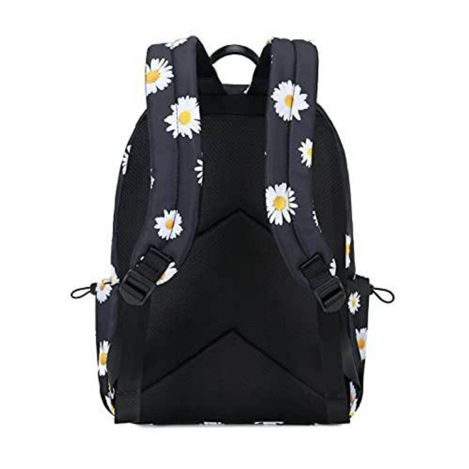 Schwarzer Rucksack mit weißem Gänseblümchenmuster, von hinten gezeigt mit gepolsterten Riemen und Griffschlaufe oben.