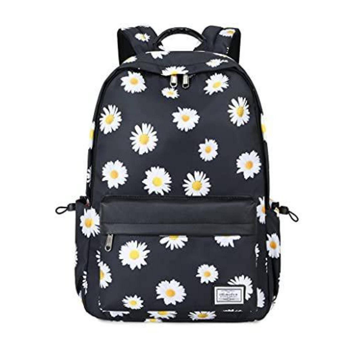 Schwarzer Rucksack mit weißem Gänseblümchen-Druck, vordere Reißverschlusstasche, seitliche Netztaschen und oberer Griff auf weißem Hintergrund.