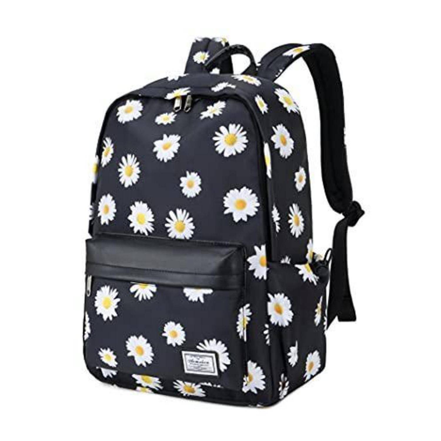 Schwarzer Rucksack mit weißem Gänseblümchenmuster, Reißverschlusstasche an der Vorderseite und Schultergurten auf einfachem weißen Hintergrund.