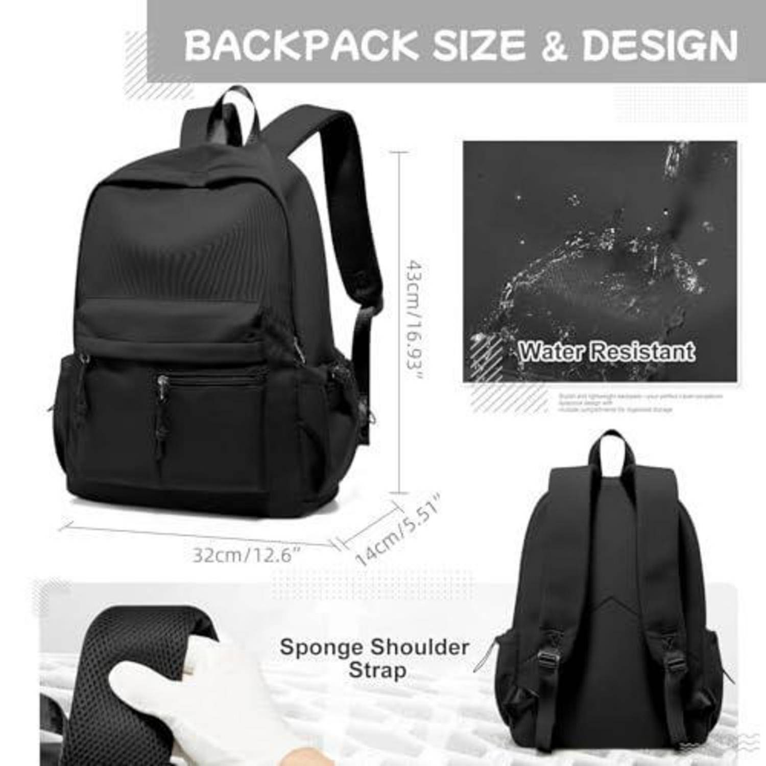 Schwarzer Rucksack Größen- und Design-Infografik mit Abmessungen 43 cm hoch, 32 cm breit, 14 cm tief, wasserabweisendes Material, Schwamm-Schultergurte.