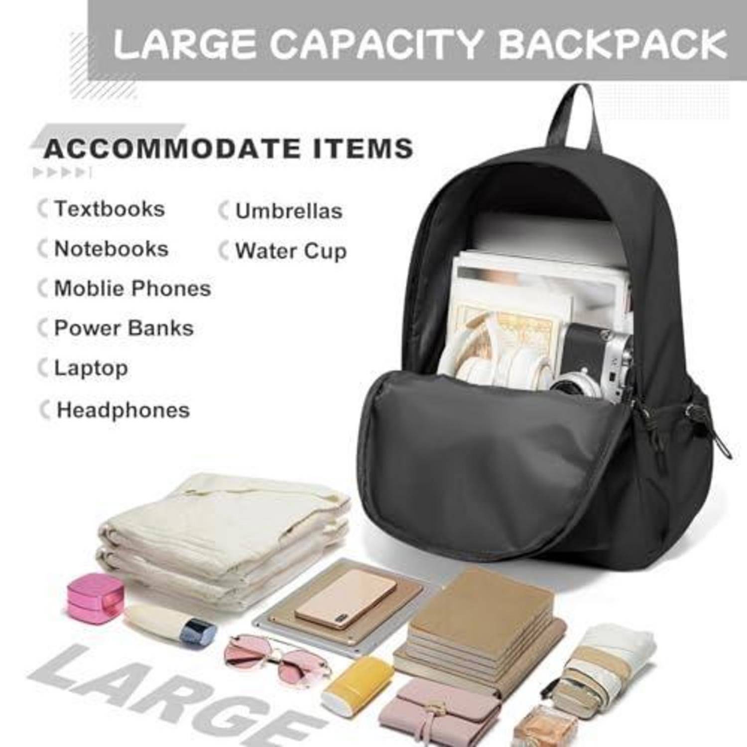 Werbebild eines großen schwarzen Rucksacks mit Vordertasche, der Bücher und Kopfhörer hält; der Text listet Gegenstände auf, die er aufnehmen kann, einschließlich Lehrbücher, Notizbücher, Telefone, Powerbanks, Laptop, Regenschirme, Wasserflasche und Kopfhörer.