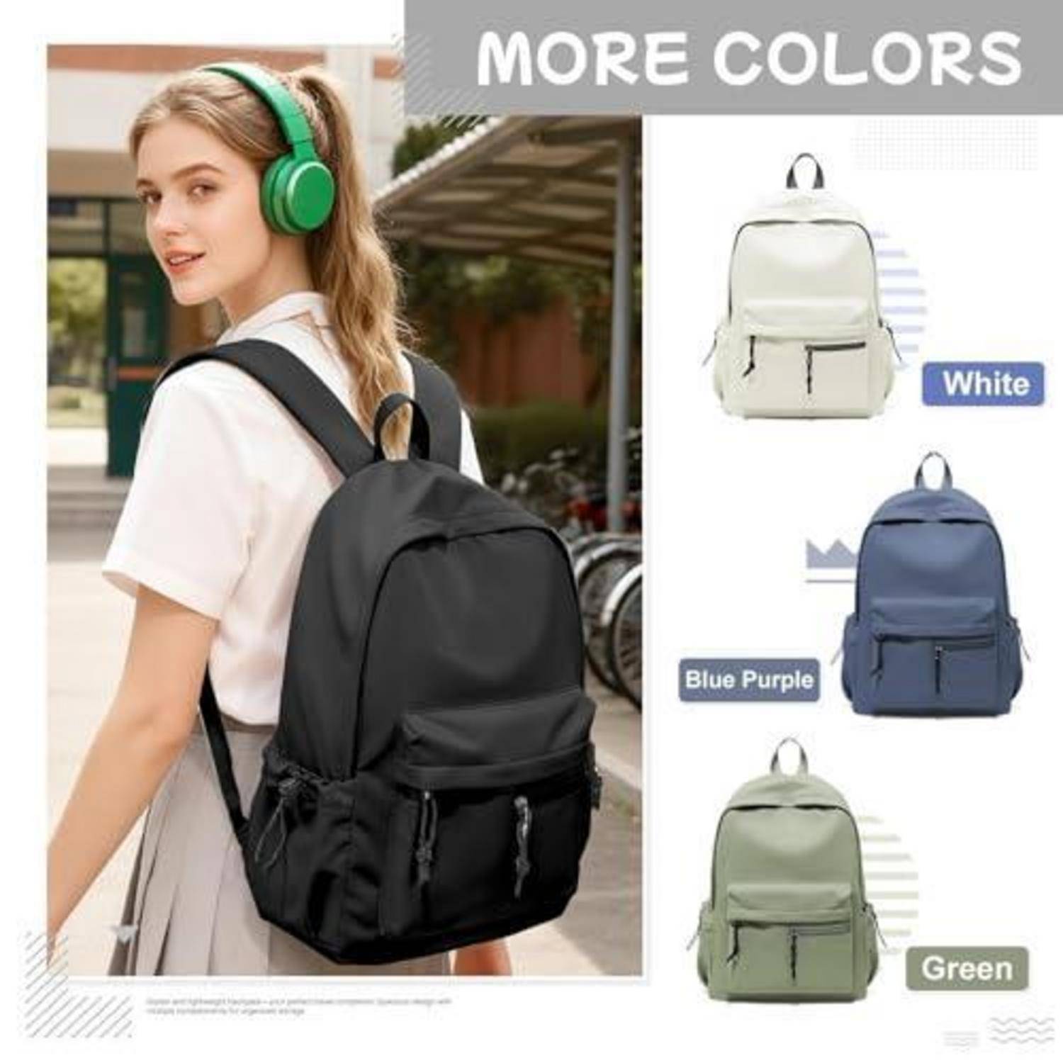 Werbebild eines Rucksacks, getragen von einer Frau, mit weiteren Farboptionen: Weiß, Blau, Lila und Grün.