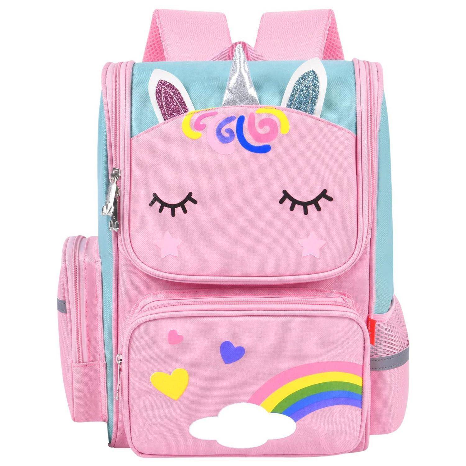 Rosa Einhorn-Rucksack mit Regenbogen, Wolken und Vordertasche; Schultasche für Kinder mit Seitentaschen und gepolsterten Trägern.