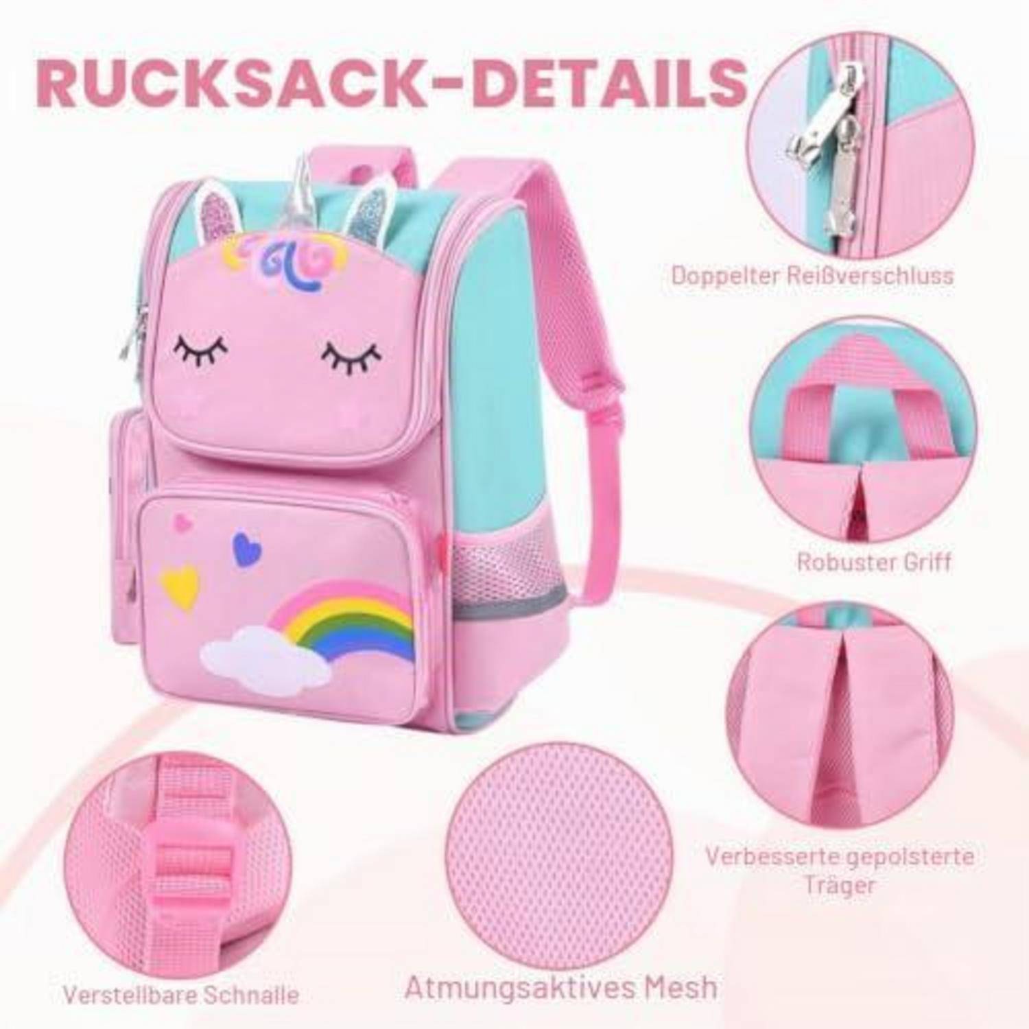 Rosa Kinderrucksack mit Regenbogen- und Herzdesign, dargestellt mit beschrifteten Details, die den Doppelreißverschluss, robuste Griffe, verstellbare Schnalle, gepolsterte Riemen und atmungsaktives Mesh hervorheben.