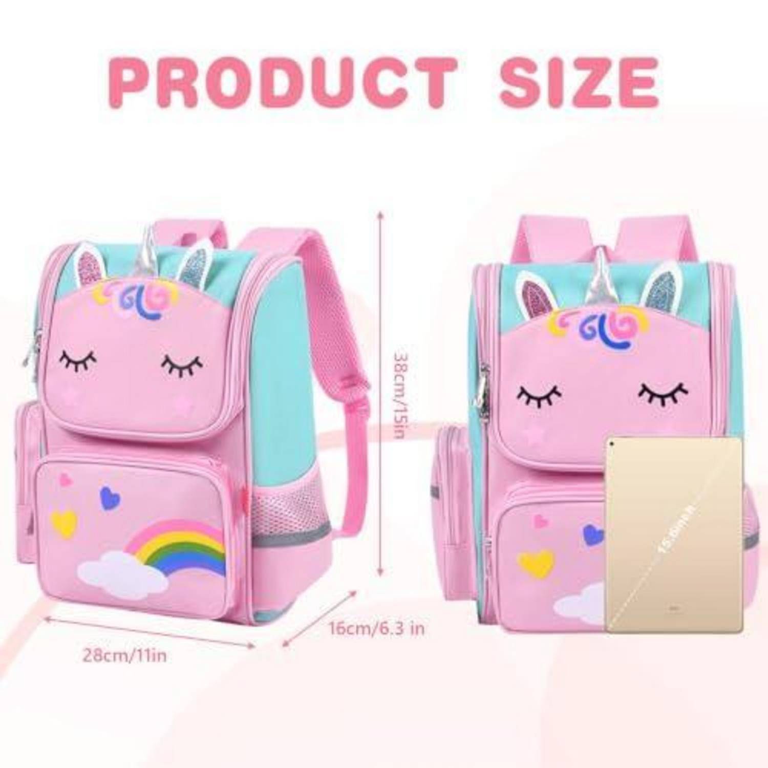 Produktgrößentabelle mit einem rosa Einhorn-Rucksack, 38 cm hoch, 28 cm breit und 16 cm tief, mit einem Notizbuch als Größenvergleich.