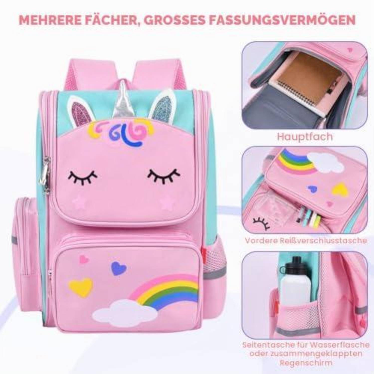 Rosa Kinderrucksack mit Einhorn- und Regenbogendesign, gezeigt mit Hauptfach, vorderer Reißverschlusstasche und seitlicher Flaschentasche.
