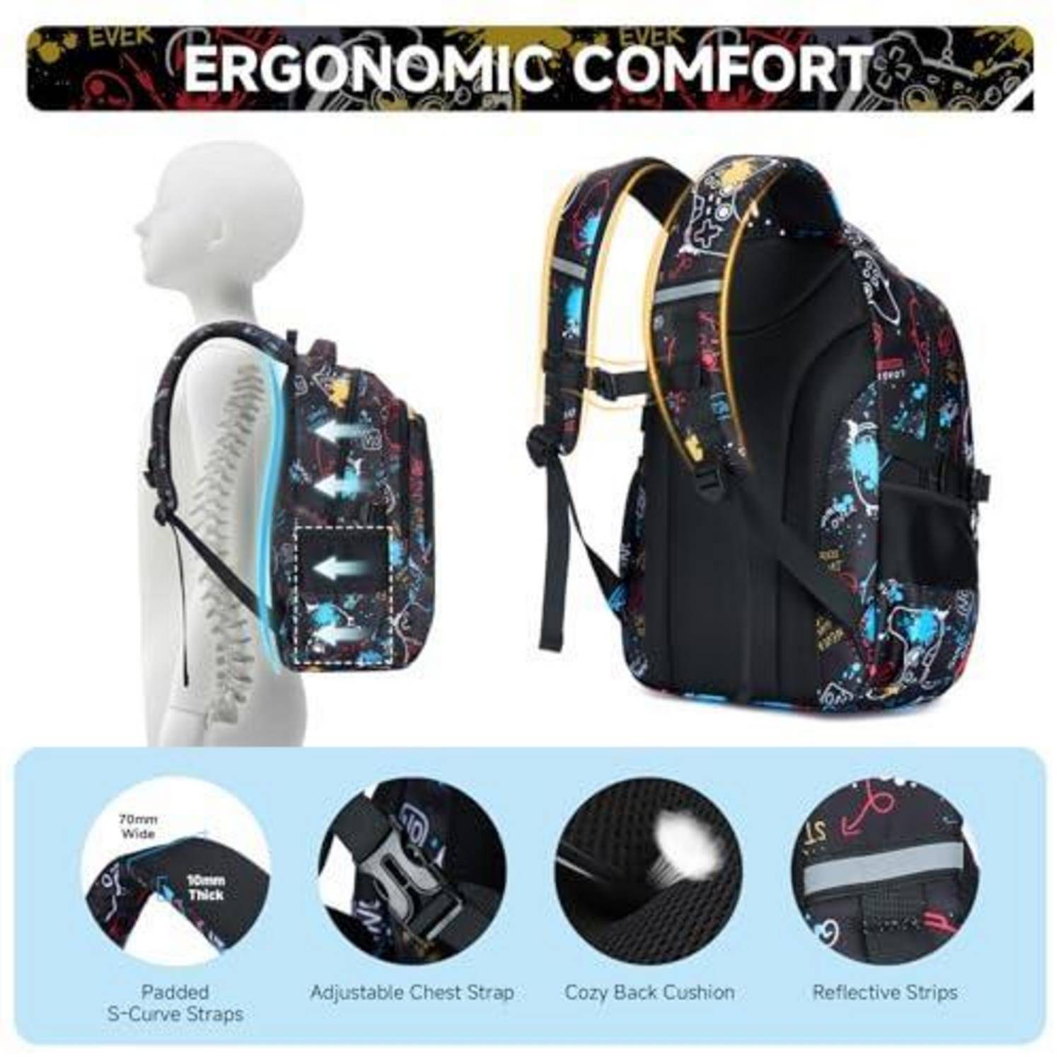 Produktbild eines schwarzen Rucksacks mit farbenfrohem Muster, gezeigt an einer Schneiderpuppe und einzeln, mit der Bezeichnung „ERGONOMISCHER KOMFORT