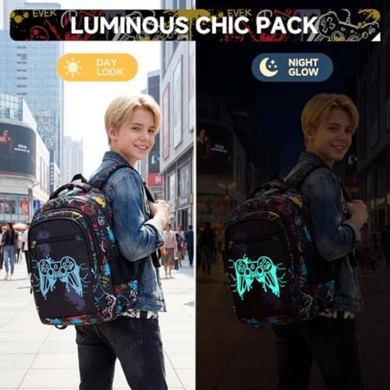 Werbeaufnahme mit geteiltem Bild eines Jungen, der einen leuchtenden Rucksack in Tag- und Nachtszenen trägt, beschriftet mit „LUMINOUS CHIC PACK