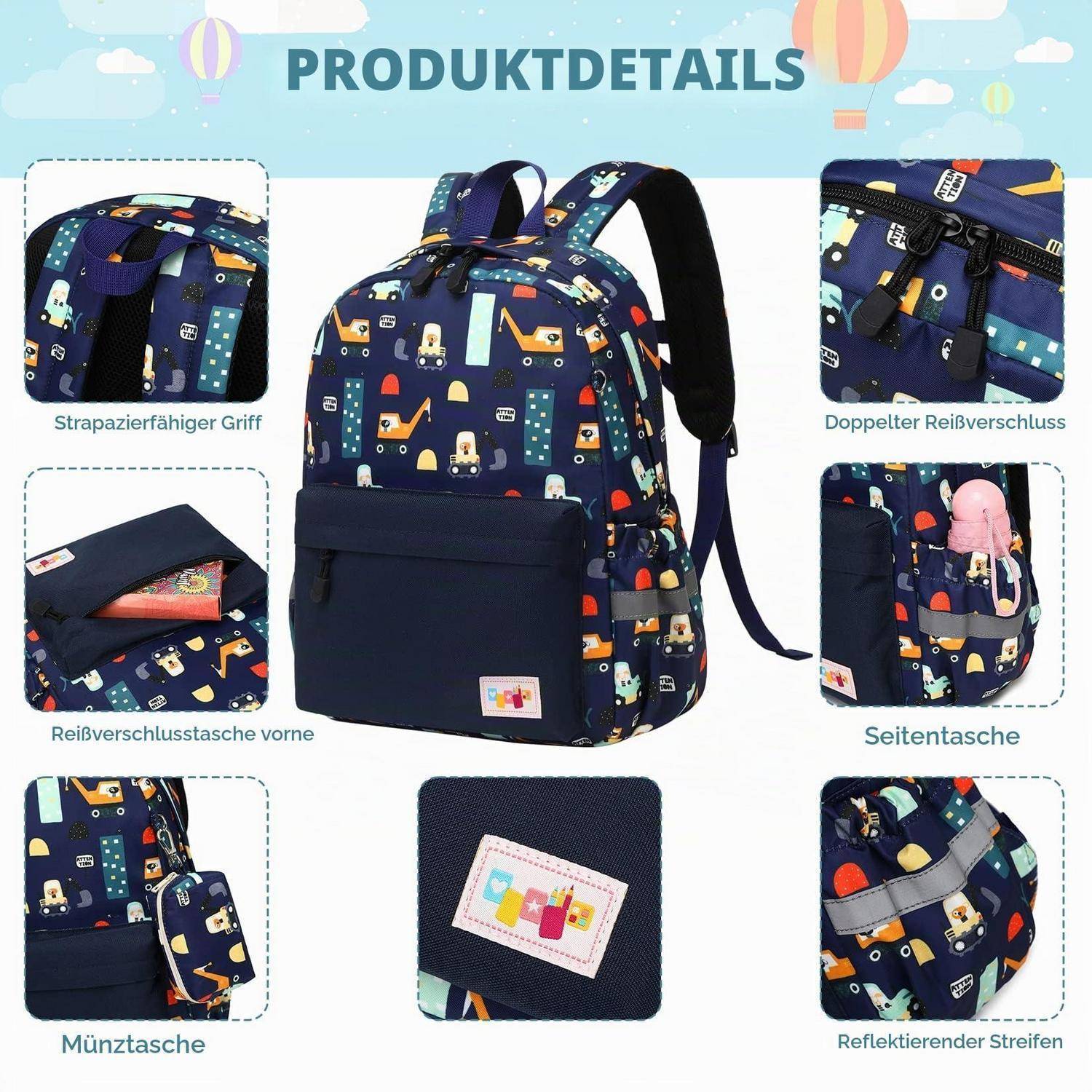 Produktdetails für einen Marineblauen Rucksack mit buntem Muster: robuster Griff, doppelte Reißverschlüsse, vordere Reißverschlusstasche, Seitentasche, Münztasche und reflektierender Streifen.