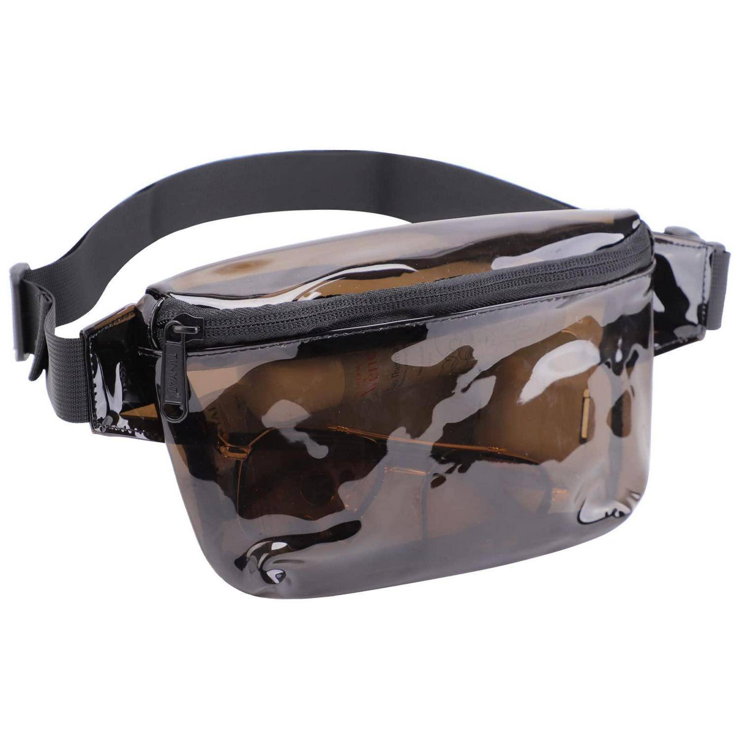 Schwarze Hüfttasche mit rauchig transparenter Vordertasche und verstellbarem Riemen auf weißem Hintergrund.
