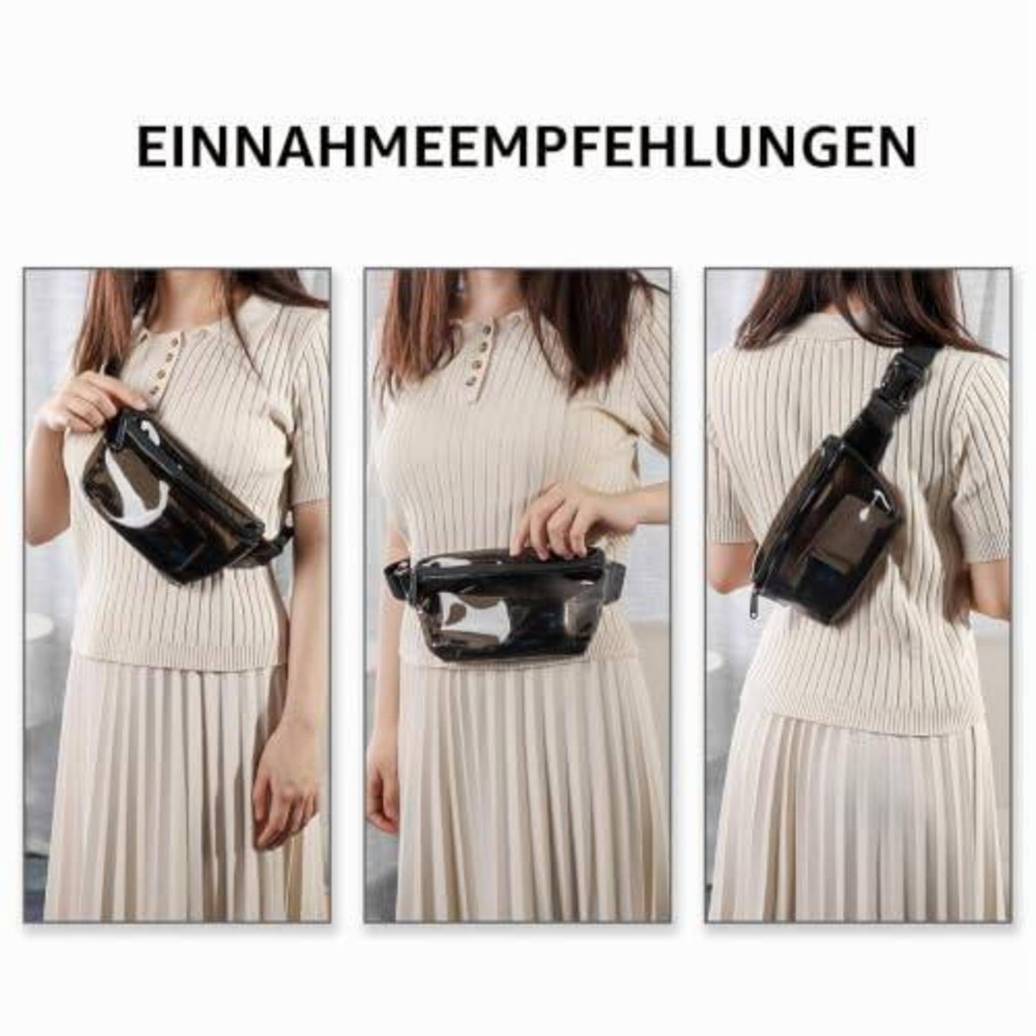 Drei Fotos zeigen ein Model, das eine schwarze Crossbody-Gürteltasche in verschiedenen Positionen trägt: auf der Brust, an der Hüfte und auf dem Rücken. Oben ist die deutsche Überschrift „EINNAHMEEMPFEHLUNGEN".