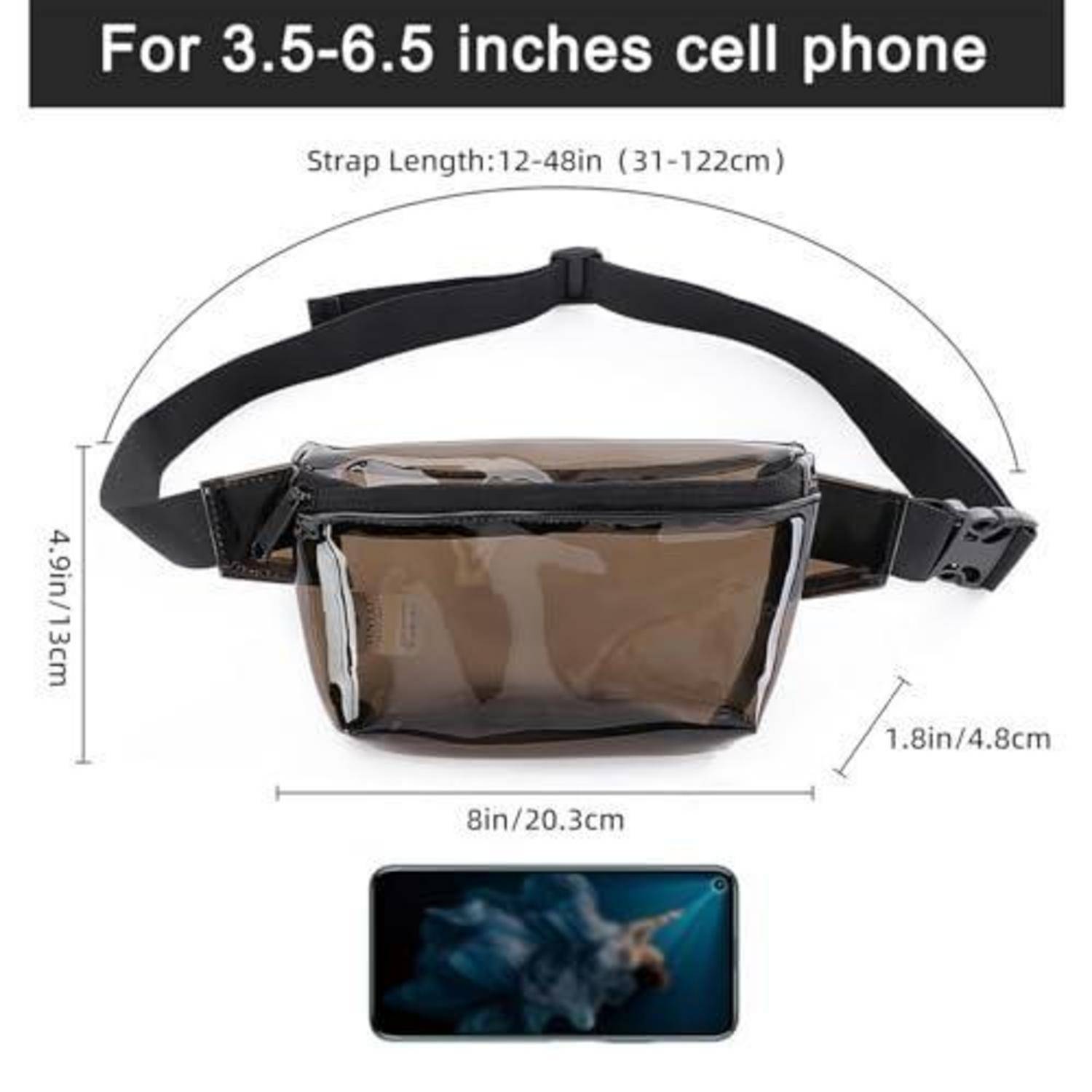 Durchsichtige Hüfttasche für Mobiltelefone von 3,5–6,5 Zoll, gezeigt mit verstellbarem Riemen 12–48 Zoll und Größenmessungen von 8 x 4,9 x 1,8 Zoll.