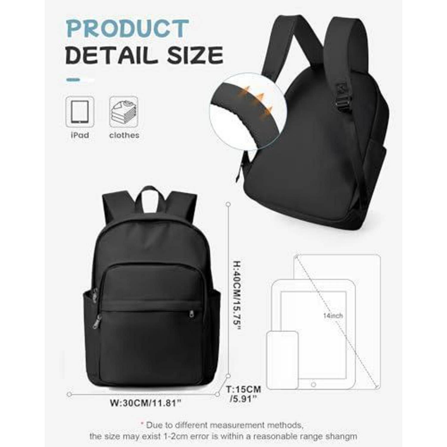 Produktdetail-Größengrafik für einen schwarzen Rucksack mit Vorder- und Rückansicht, iPad-/Kleidungssymbolen und Abmessungen 30 cm breit, 40 cm hoch, 15 cm tief, passt für 14-Zoll-Artikel.