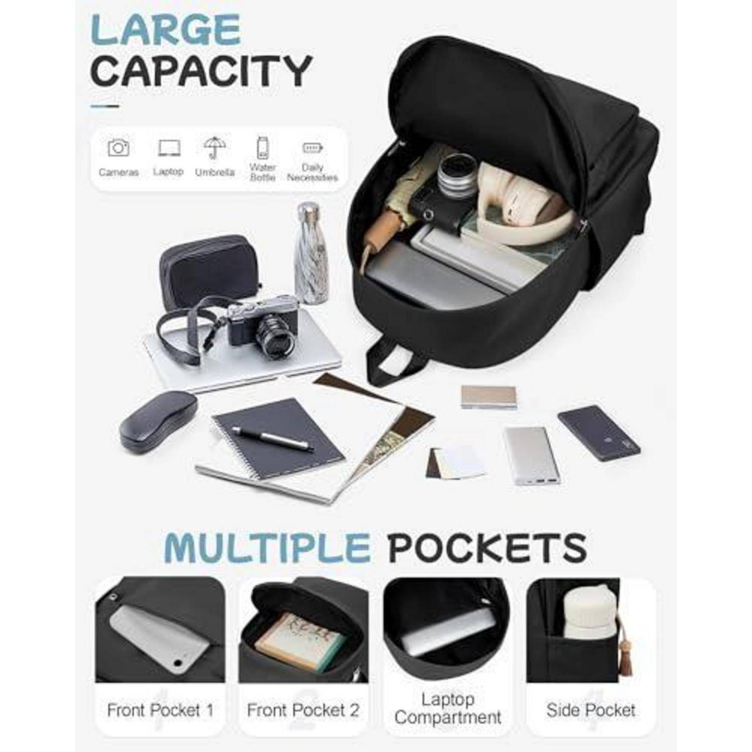 Produktabbildung einer schwarzen Kameratasche mit der Aufschrift „GROSSE KAPAZITÄT" und „MEHRERE TASCHEN""; Symbolleiste zeigt Kamera, Laptop, Regenschirm, Wasserflasche und Alltagsgegenstände, mit Gegenständen im Inneren gelagert.