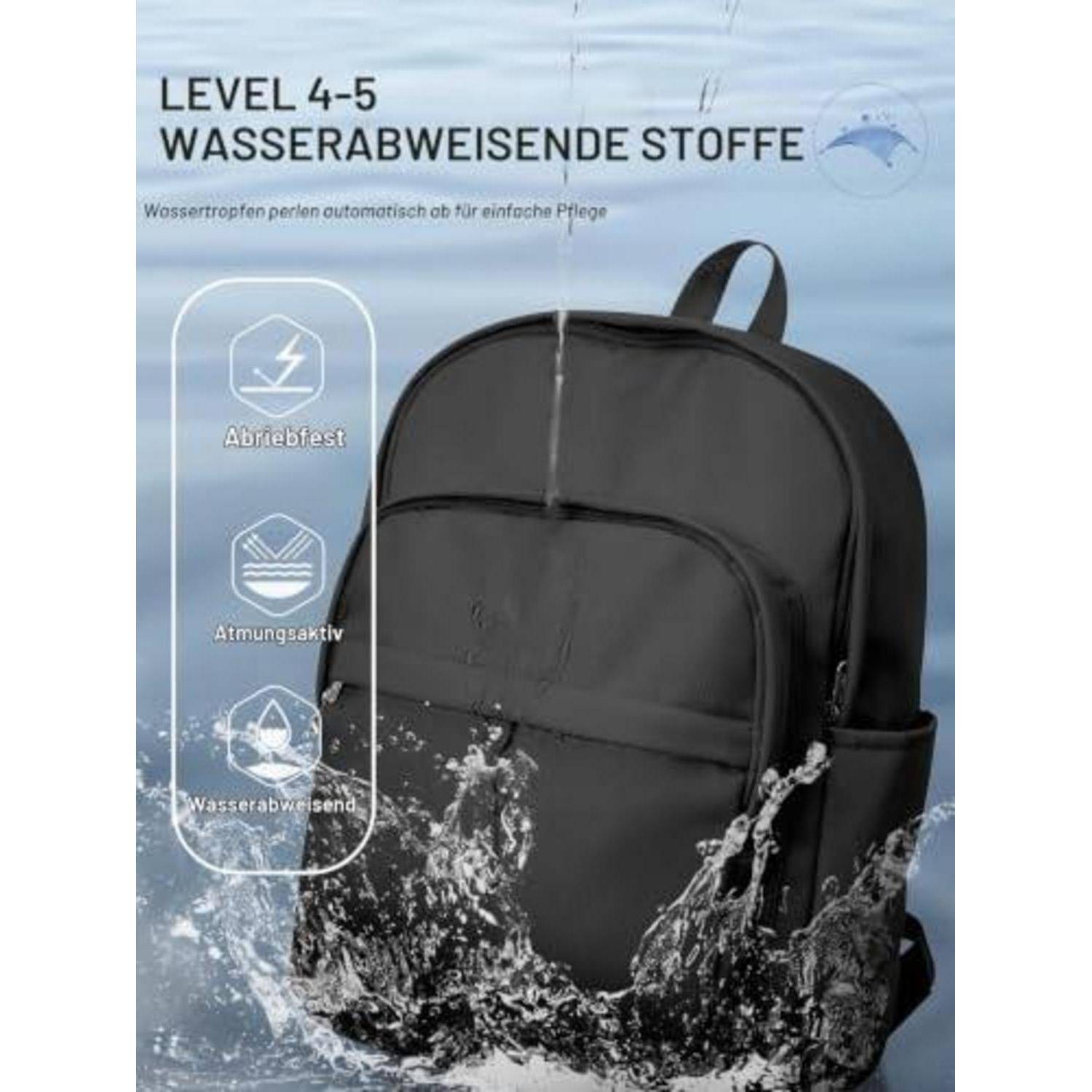 Schwarzer Rucksack, beworben als Stoff mit Wasserfestigkeit der Stufe 4-5, abriebfest und atmungsaktiv, dargestellt mit Wasserspritzern und deutschen Funktionsetiketten.