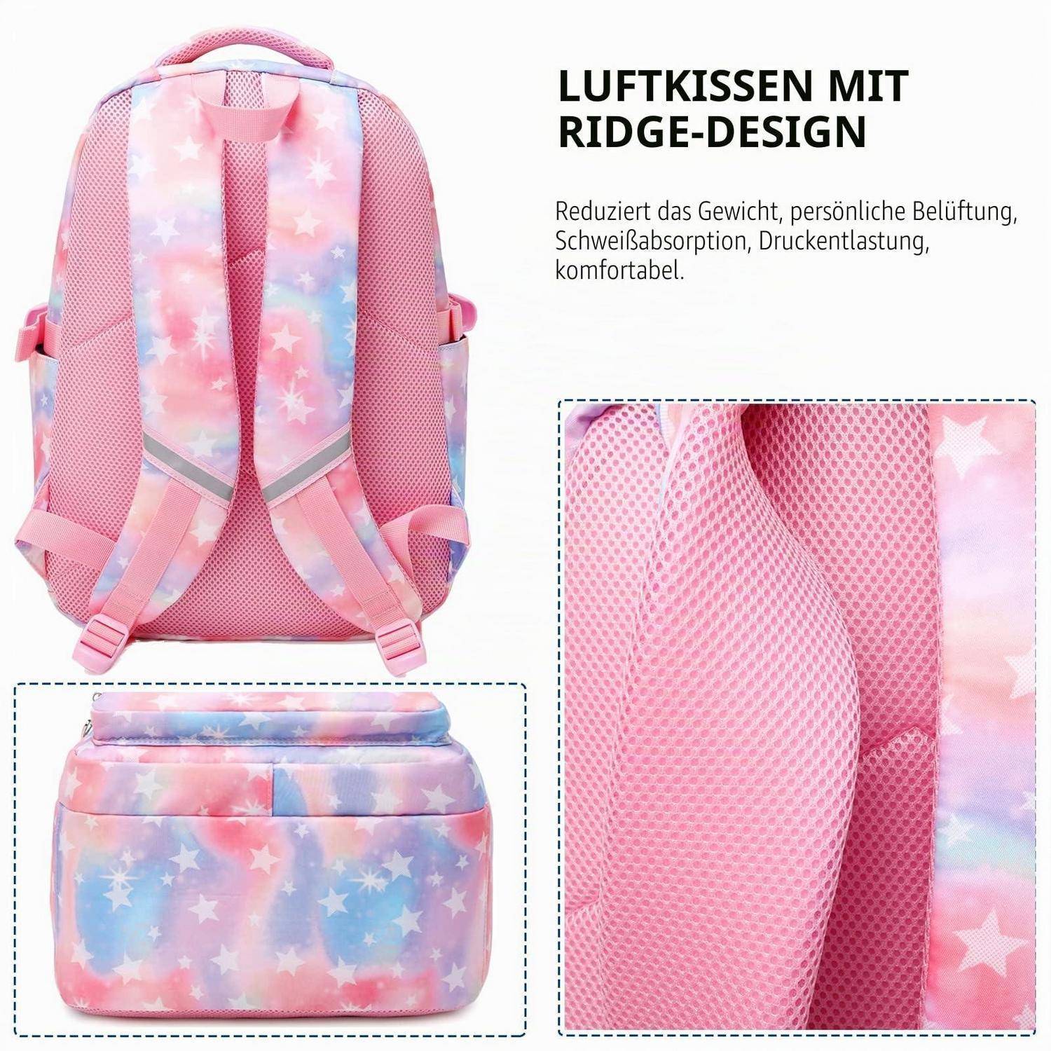 Rosa und blauer Rucksack mit Sternmuster und gepolstertem Mesh-Rücken sowie passender Lunchbox; deutscher Text hebt das atmungsaktive Grat-Design und die reduzierte Druckbelastung hervor.
