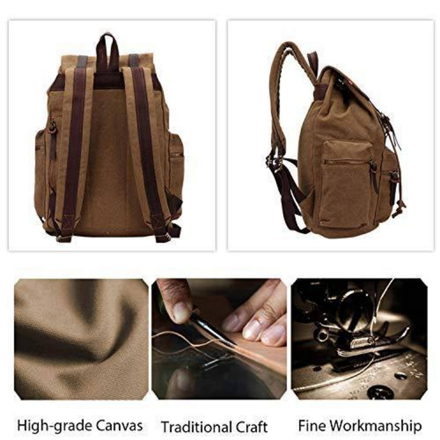 Brauner Canvas-Rucksack in Front- und Seitenansicht, mit Detailaufnahmen, die hochwertiges Canvas, traditionelle Handwerkskunst und feine Verarbeitung hervorheben.