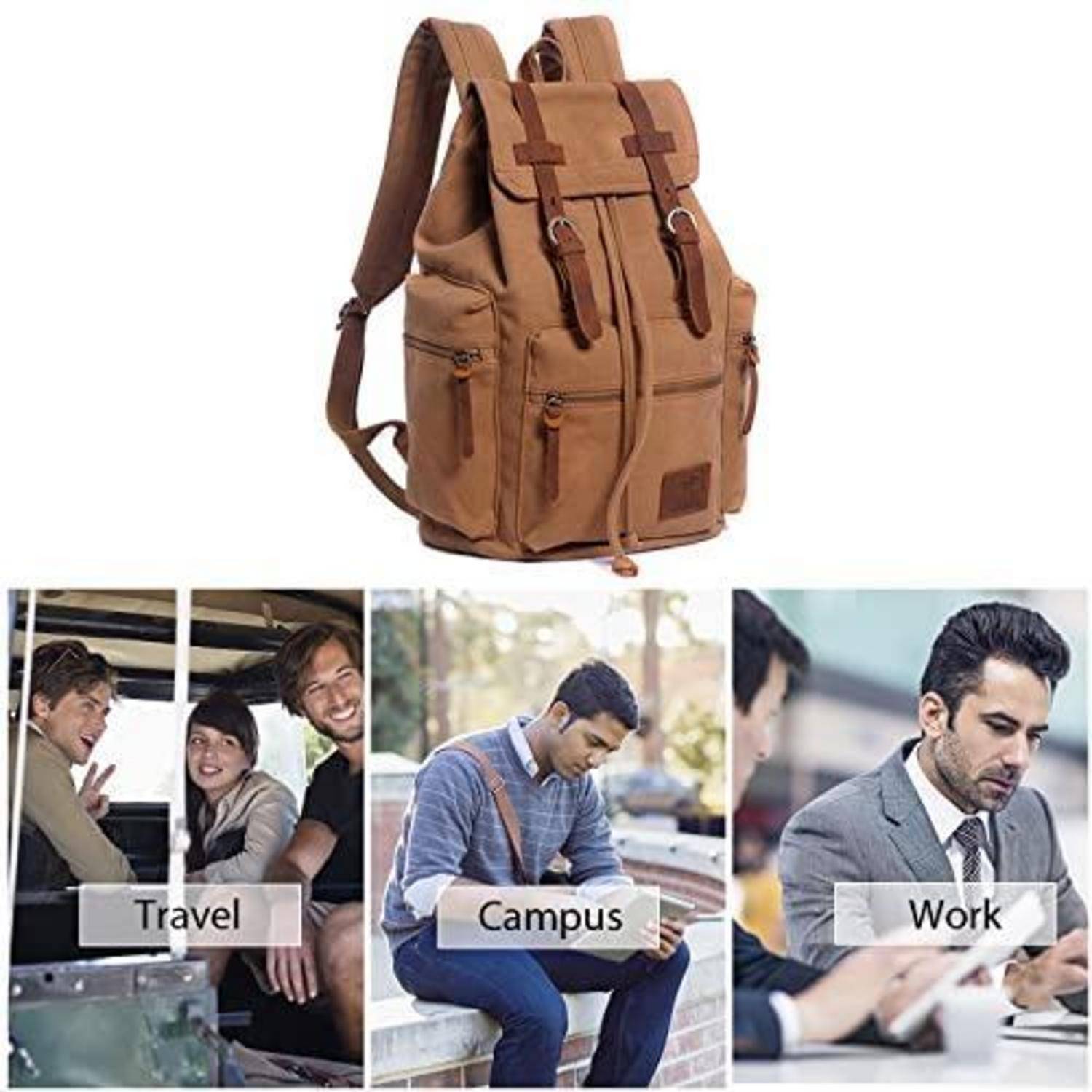 Brauner Rucksack, gezeigt als vielseitige Tasche für Reisen, Campus und Arbeit, mit drei gekennzeichneten Lifestyle-Fotos darunter.
