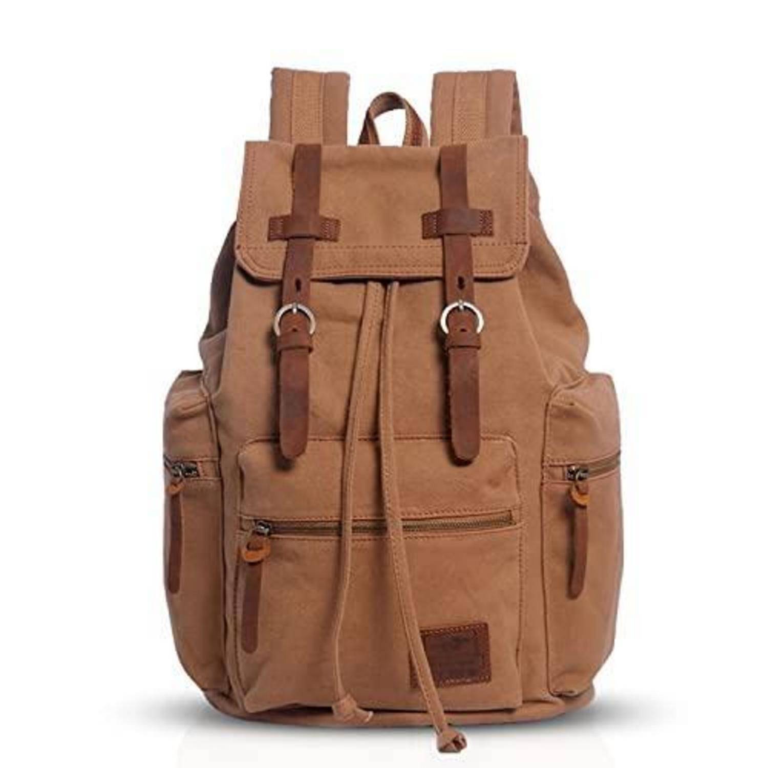 Brauner Leinwandrucksack mit Vorderklappe, Schnallengurten, mehreren Reißverschlusstaschen und Tragegriff oben auf weißem Hintergrund.
