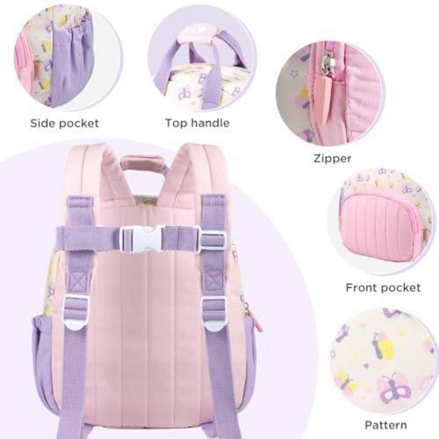 Rosa Kinderrucksack mit Seitentasche, Griffgriff oben, Reißverschluss, Vordertasche und Details mit Schmetterlingsmuster.