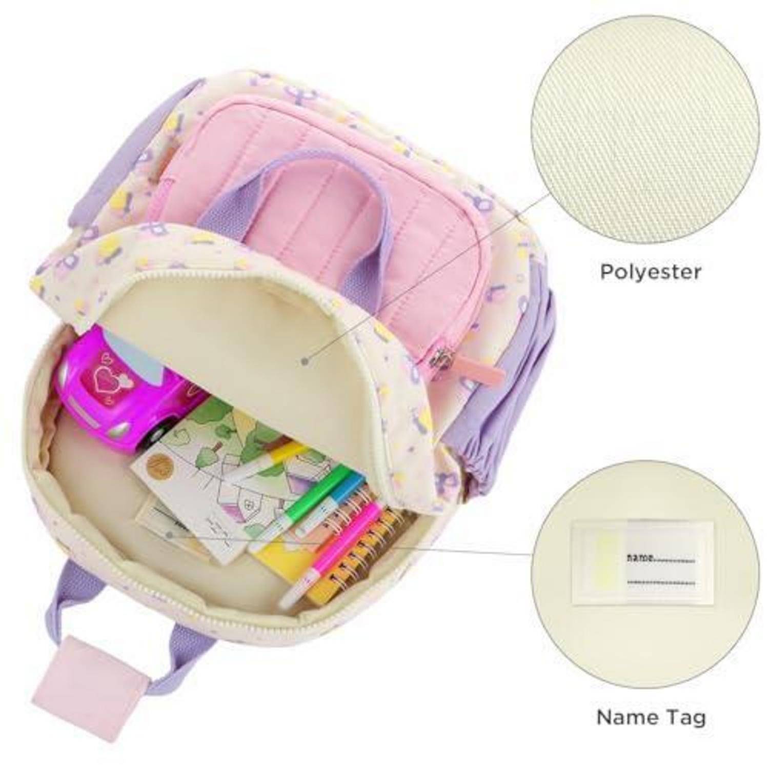 Pastellfarbener Kinderrucksack, offen dargestellt mit Schulmaterialien darin, wobei das Polyestergewebe und ein eingebautes Namensschild hervorgehoben werden.