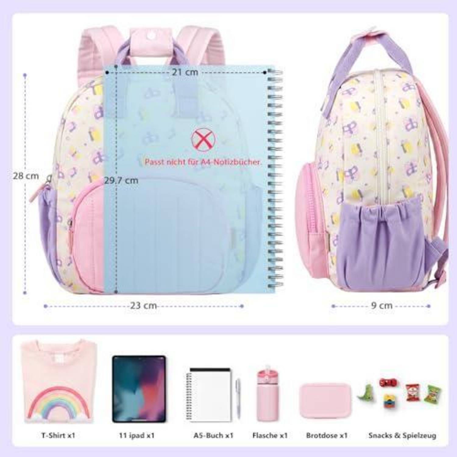 Rosa und violetter Kinderrucksack, von vorne und hinten gezeigt, mit den Maßen 28 cm Höhe, 23 cm Breite, 9 cm Tiefe; passt für A4-Notizbücher. Beinhaltet T-Shirt, Tablet, Notizbuch, Flasche, Lunchbox, Snacks.