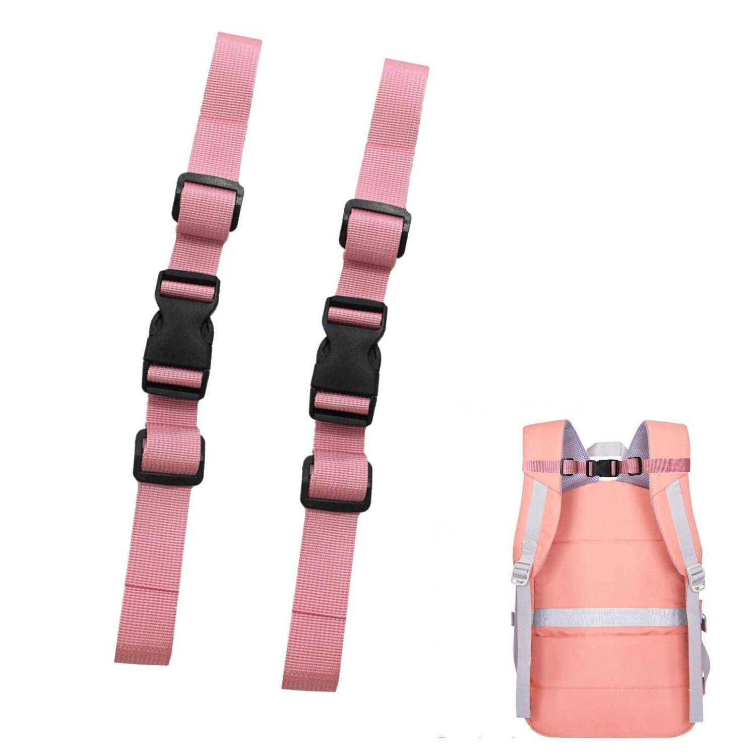 Rosa verstellbare Rucksackträger und ein rosa Rucksack mit reflektierenden Seitenelementen und einem vorderen Schnallengurt.
