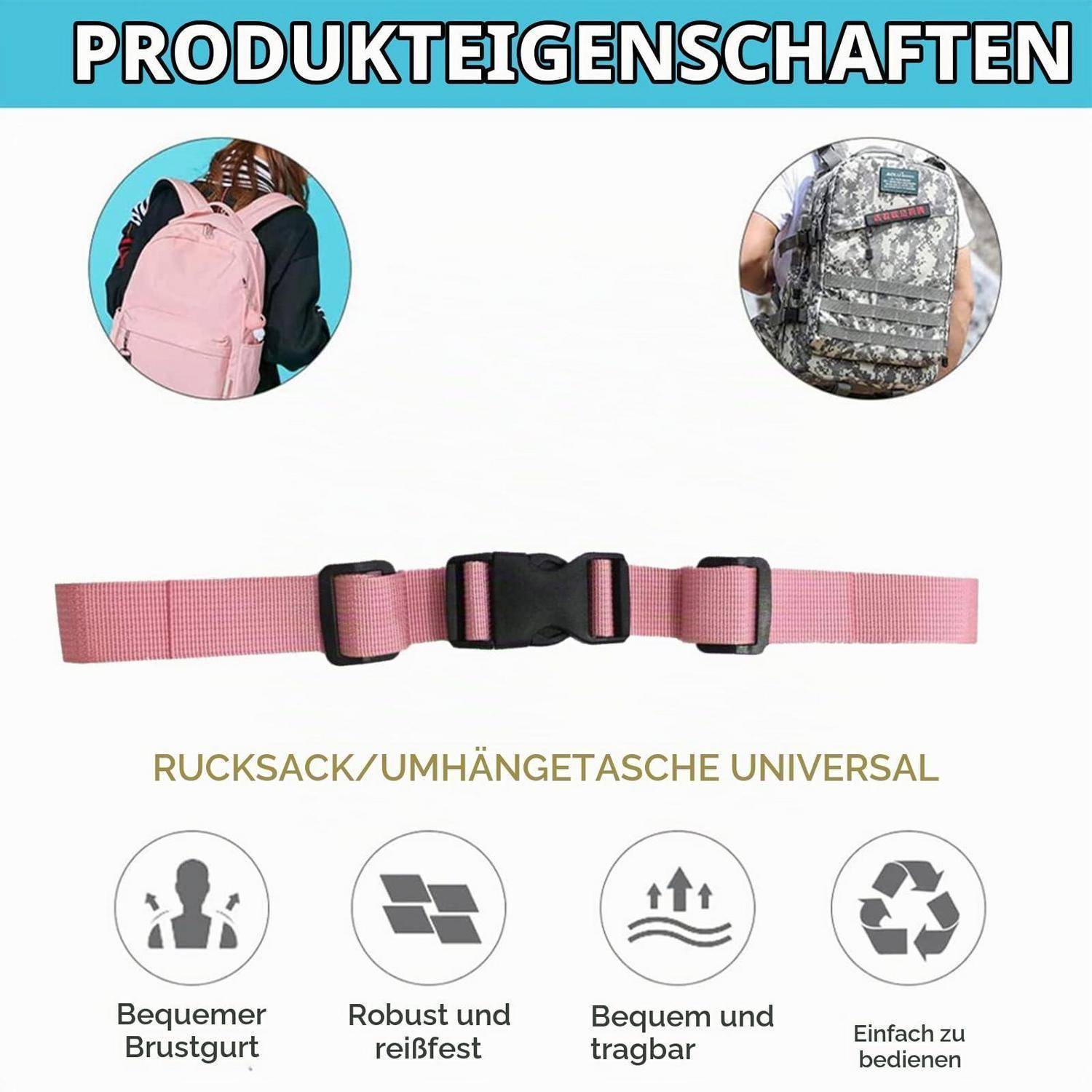 Universeller Rucksack-/Schultergurt mit verstellbarem rosa Webbing und Schnalle, gezeigt an rosa und Camouflage-Rucksäcken; Symbole heben Komfort, Haltbarkeit, Tragbarkeit und einfache Handhabung hervor.