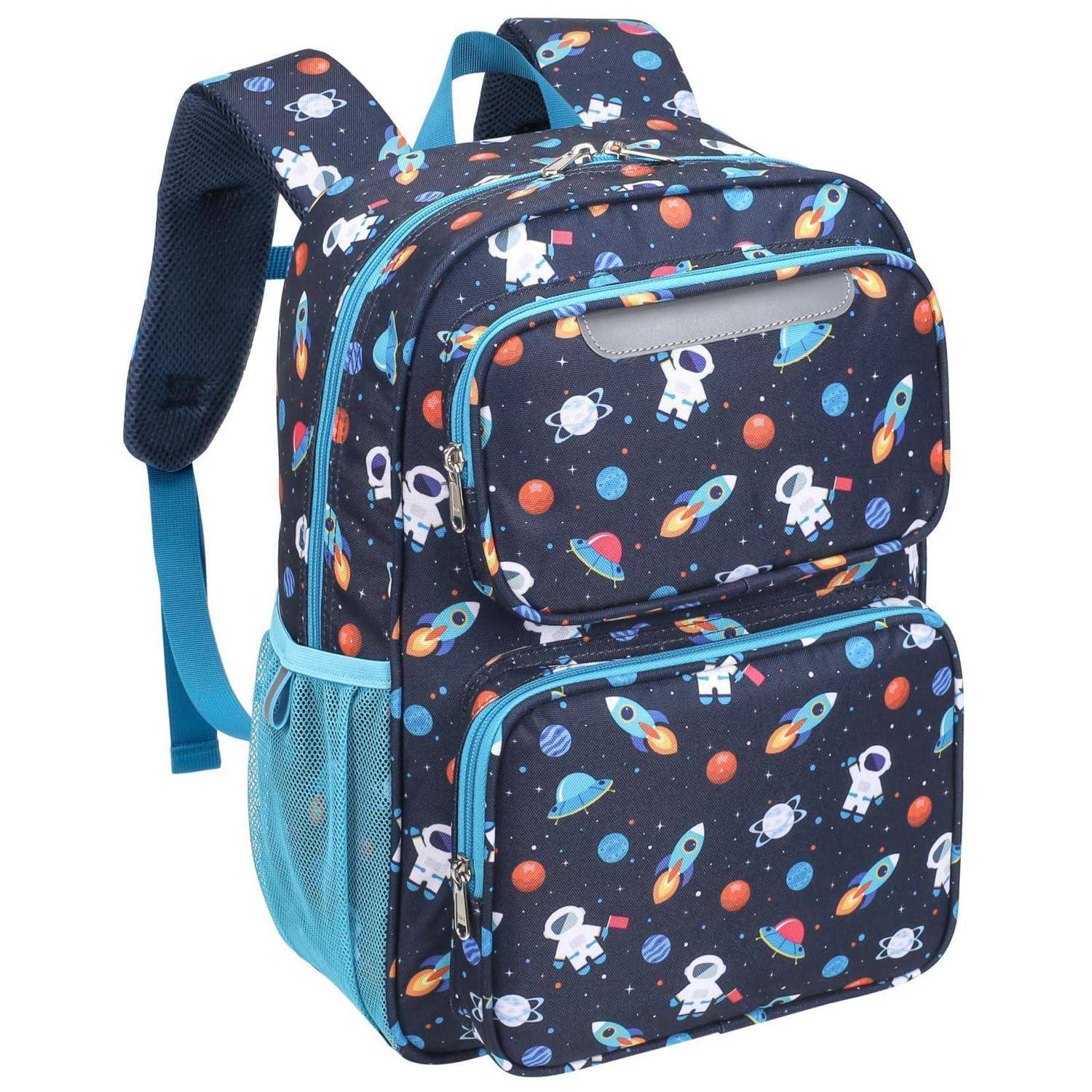 Kinderrucksack mit dunkelblauem Weltraum-Motiv, mit Astronauten, Raketen, Planeten und mehreren Reißverschlussfächern.
