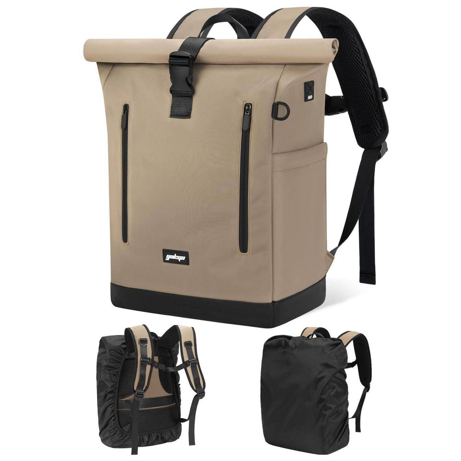 Beige Rucksack mit Rollverschluss und schwarzem Boden, vordere Reißverschlüsse und Seitentaschen, dargestellt von vorne, hinten und von der Seite.