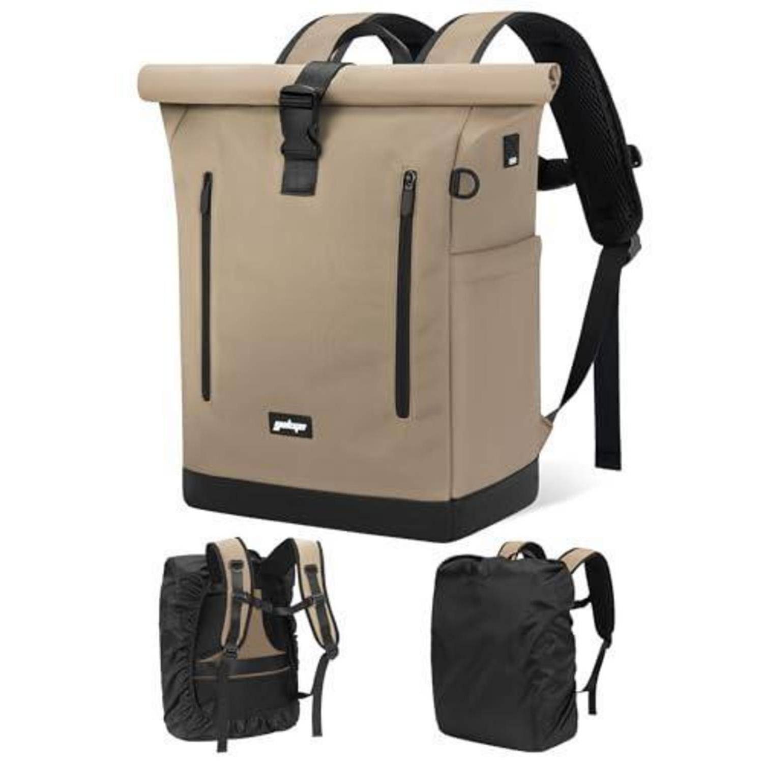 Beige Rucksack mit Rolltop-Verschluss in Vorder-, Seiten- und Rückansicht, mit schwarzen Riemen, Reißverschlusstaschen und schwarzer Basis.
