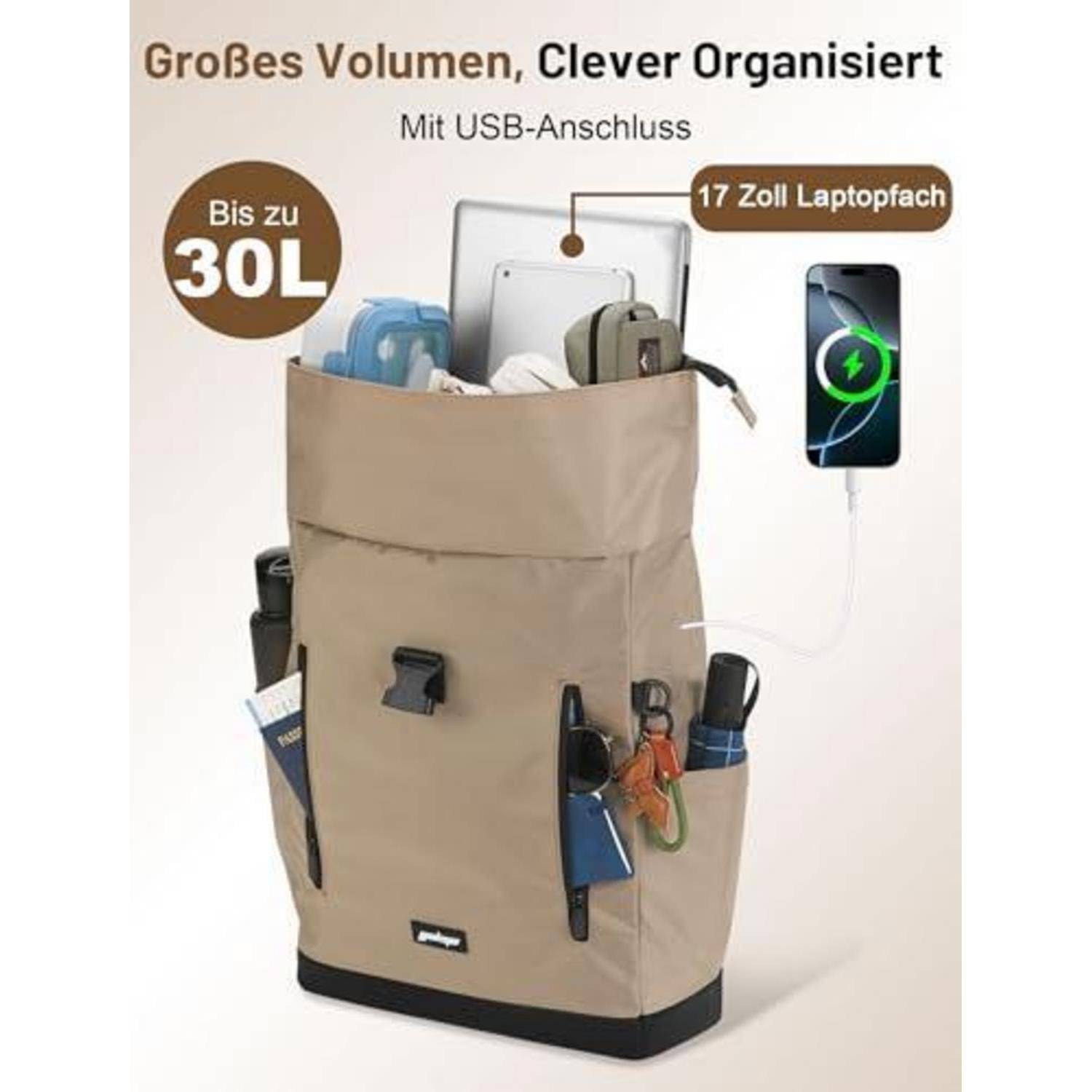 Beiger Rucksack mit USB-Ladeanschluss, shown mit einem Laptop und Zubehör; gekennzeichnet mit „bis zu 30L