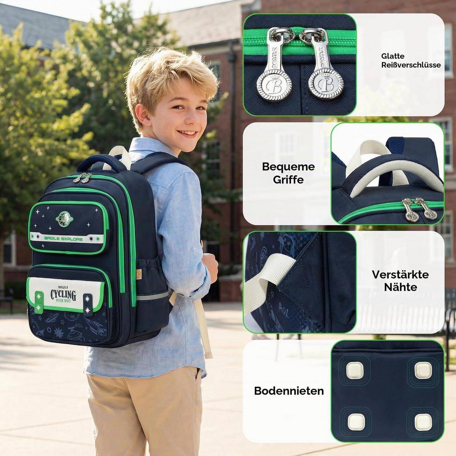 Junge trägt einen schwarzgrünen Schulrucksack im Freien, mit eingefügten deutschen Beschriftungen, die „Glatte Reißverschlüsse