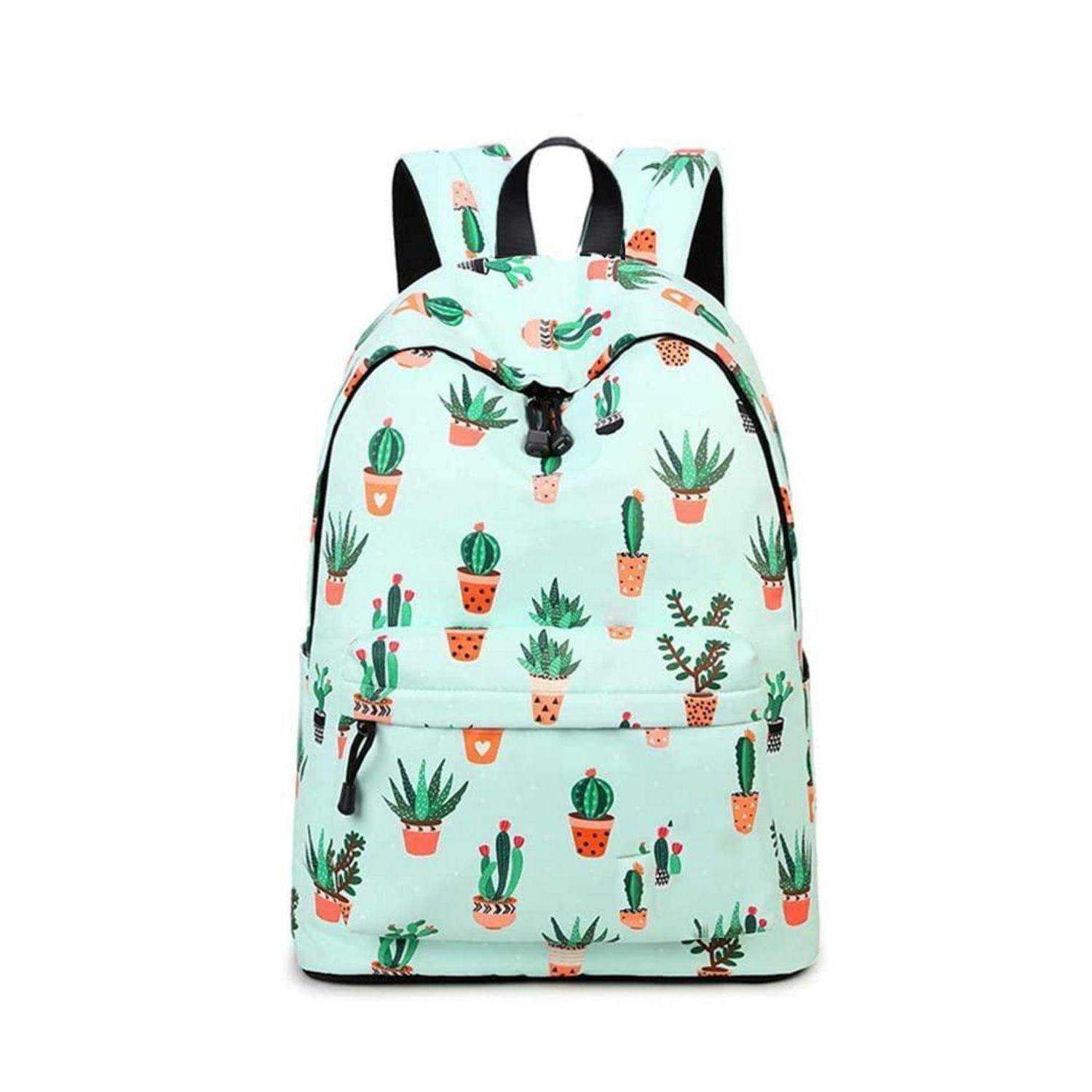 Minzgrüner Rucksack mit Kaktus-Print, vorderer Reißverschlusstasche und schwarzen Trägern auf weißem Hintergrund.