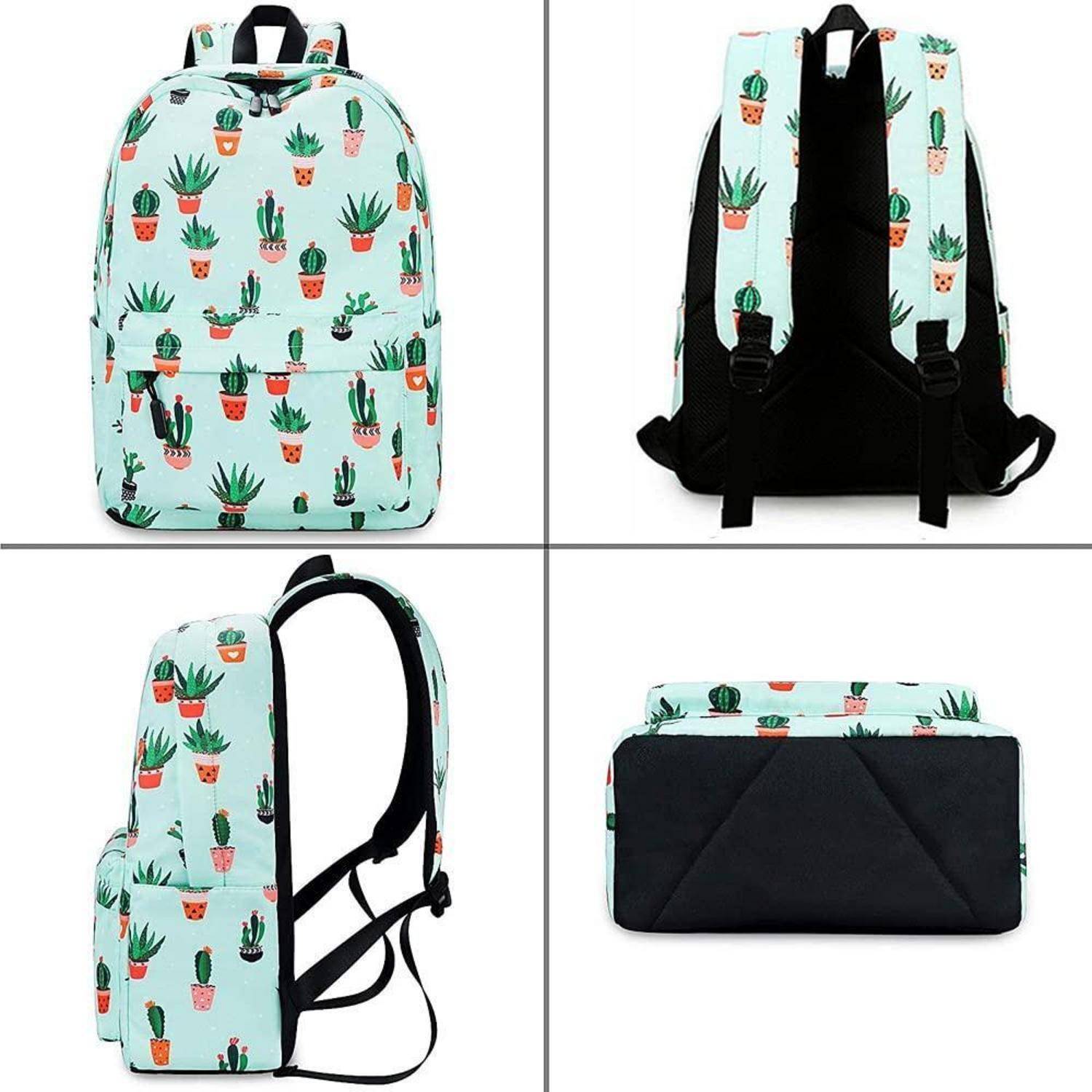 Minzgrüner Rucksack mit Kaktusmuster, gezeigt von vorne, hinten, von der Seite und von unten, mit schwarzen Riemen und schwarzem Boden.