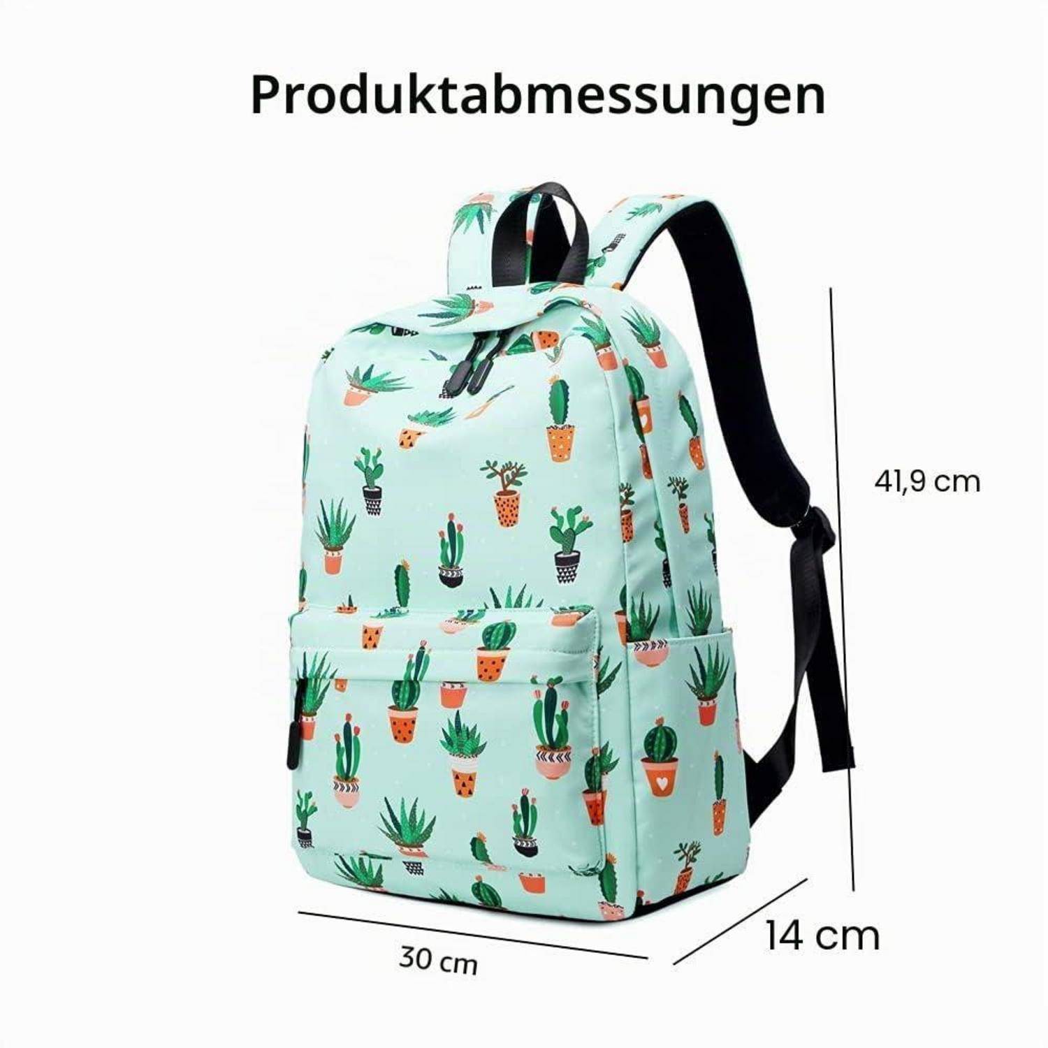 Rucksack-Produktabmessungen: 41,9 cm Höhe, 30 cm Breite, 14 cm Tiefe, mit Kaktus-Druckdesign.