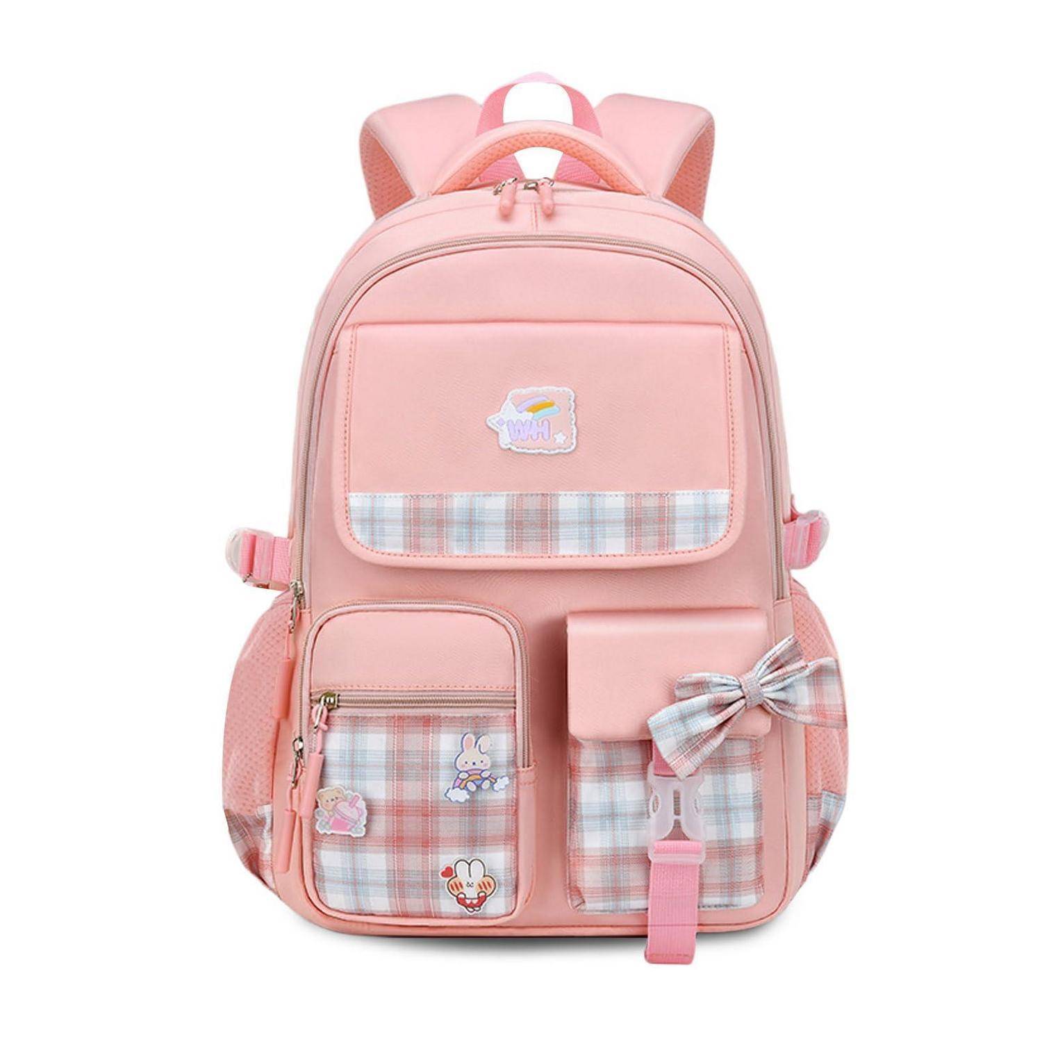 Rosa Kinderrucksack mit karierten Taschen, Cartoon-Aufnähern und einer Schleife auf der vorderen Tasche