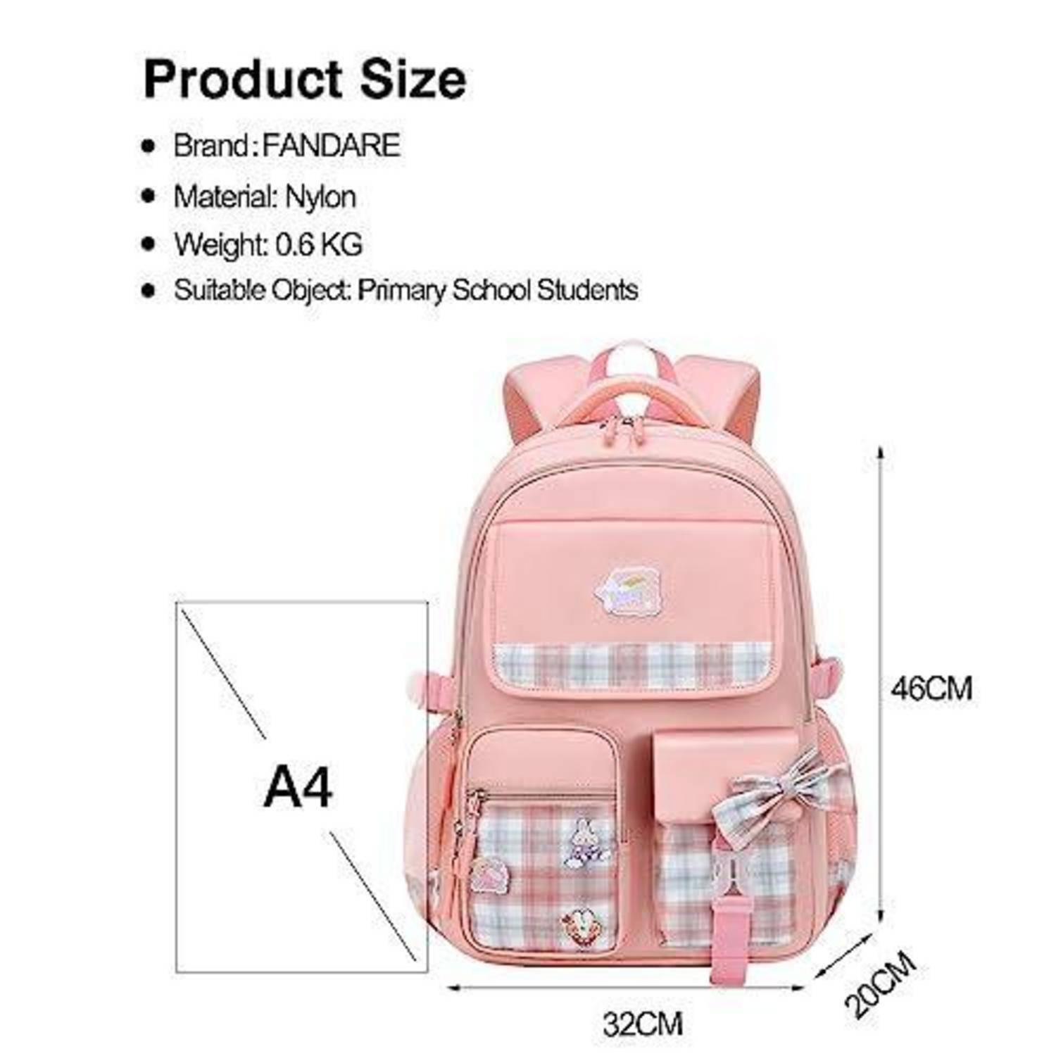 Größentabelle für einen rosa FANDARE Nylon-Rucksack für Grundschüler mit Abmessungen von 46 cm Höhe, 32 cm Breite, 20 cm Tiefe und Vergleich mit A4-Größe.