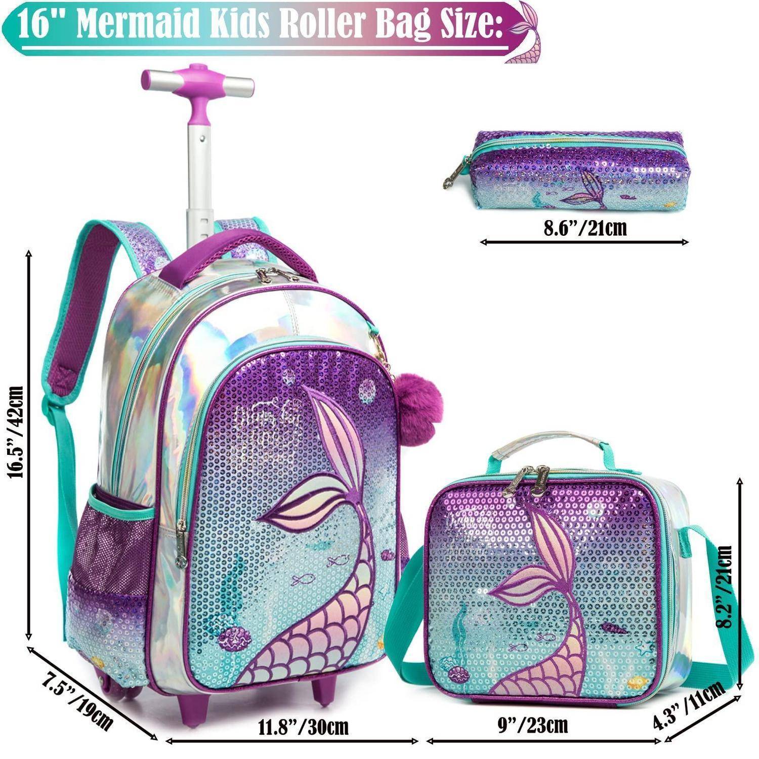 Produktbild eines '16er Mermaid Kids Roller Bag'-Sets mit einem lila-grünem, meerjungfrauen-thematierten Rollrucksack mit Abmessungen, einer passenden Federtasche und einer Lunch-Tasche.