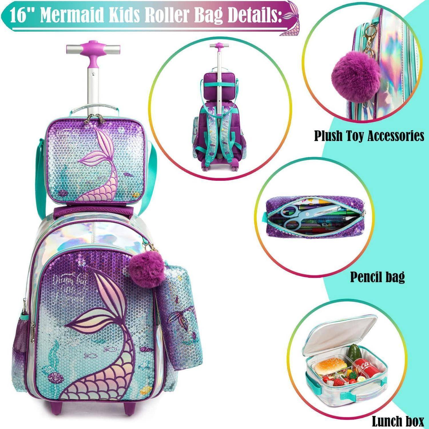 40 cm großer Meerjungfrauen-Kinder-Rollerrucksack mit passendem Stiftetui, Lunchbox und Plüsch-Bommel-Spielzeug-Zubehör.