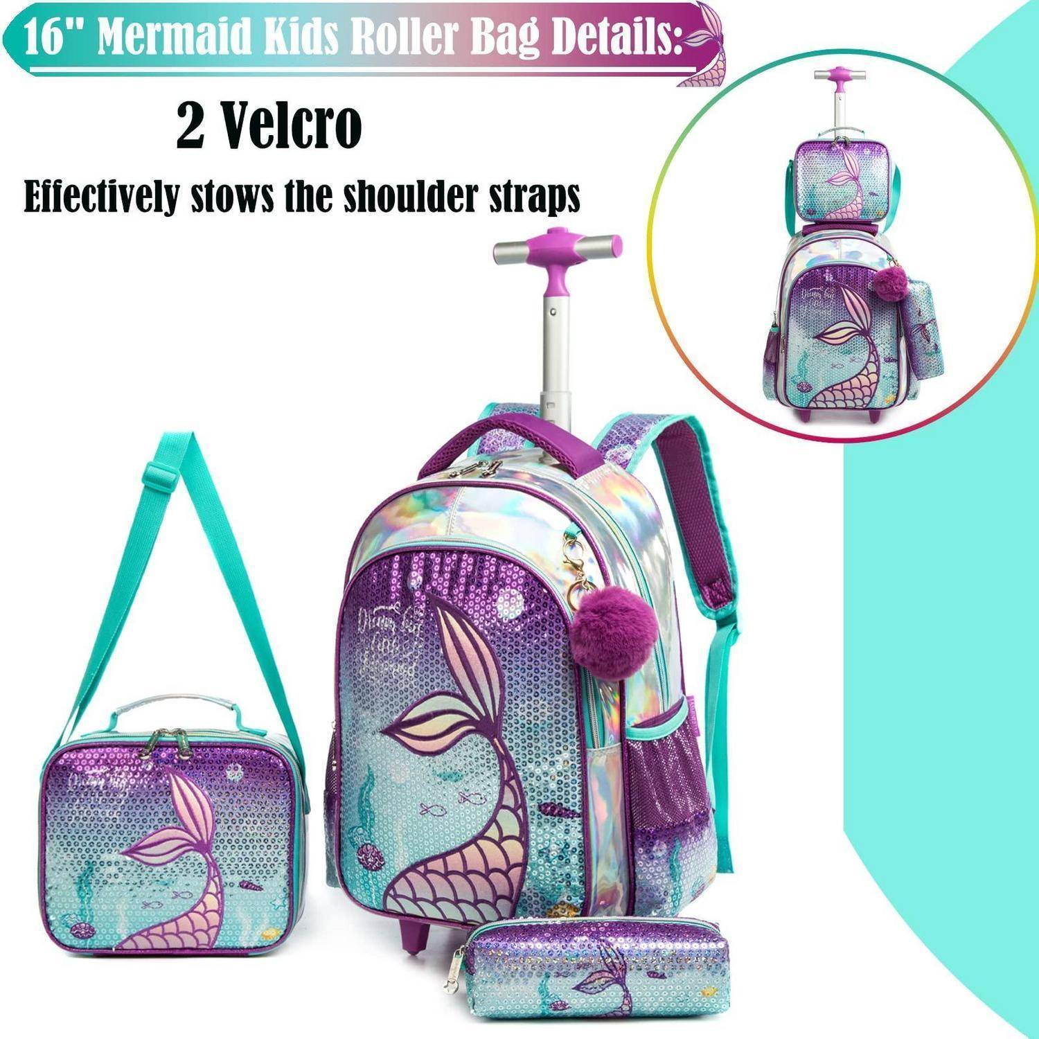 Meerjungfrauen-Themen-Kinderrolltasche mit Rollrucksack, Lunchpaket und Stifteetui; Text sagt: 
