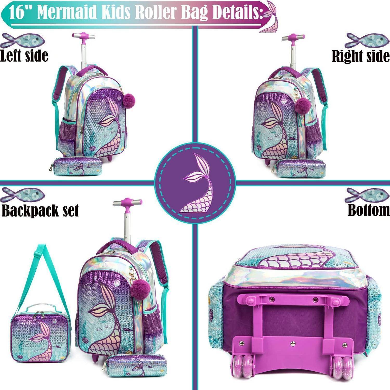 Mermaid-Kinder-Rollrucksack-Set von links, rechts, Rucksack und Bodenansicht mit passendem Lunch-Tas; 16-Zoll-Tasche mit violettem und blaugrünem Meerjungfrauen-Design.