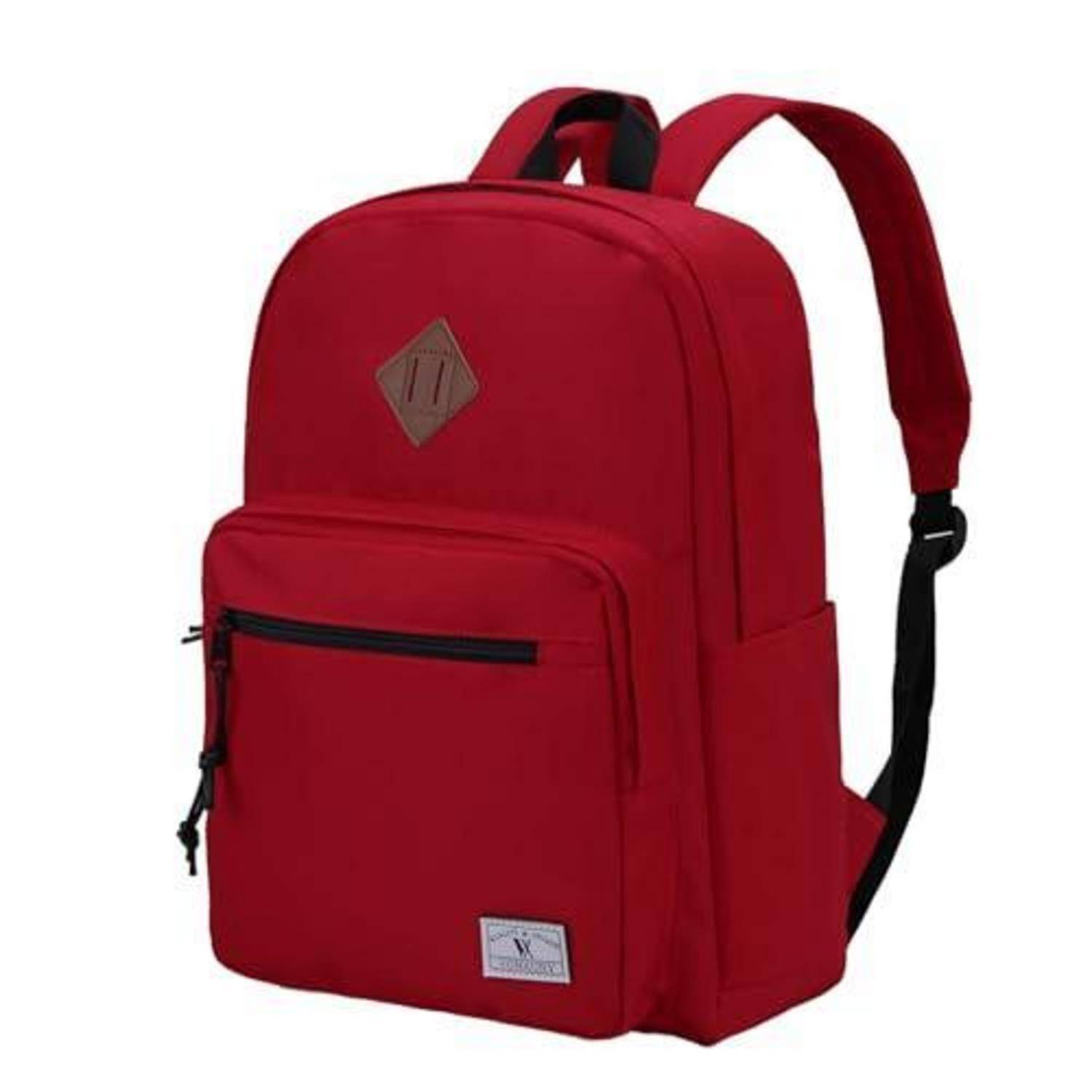 Roter Rucksack mit vorderer Reißverschlusstasche, schwarzen Riemen und kleinem Logo-Patch auf weißem Hintergrund.
